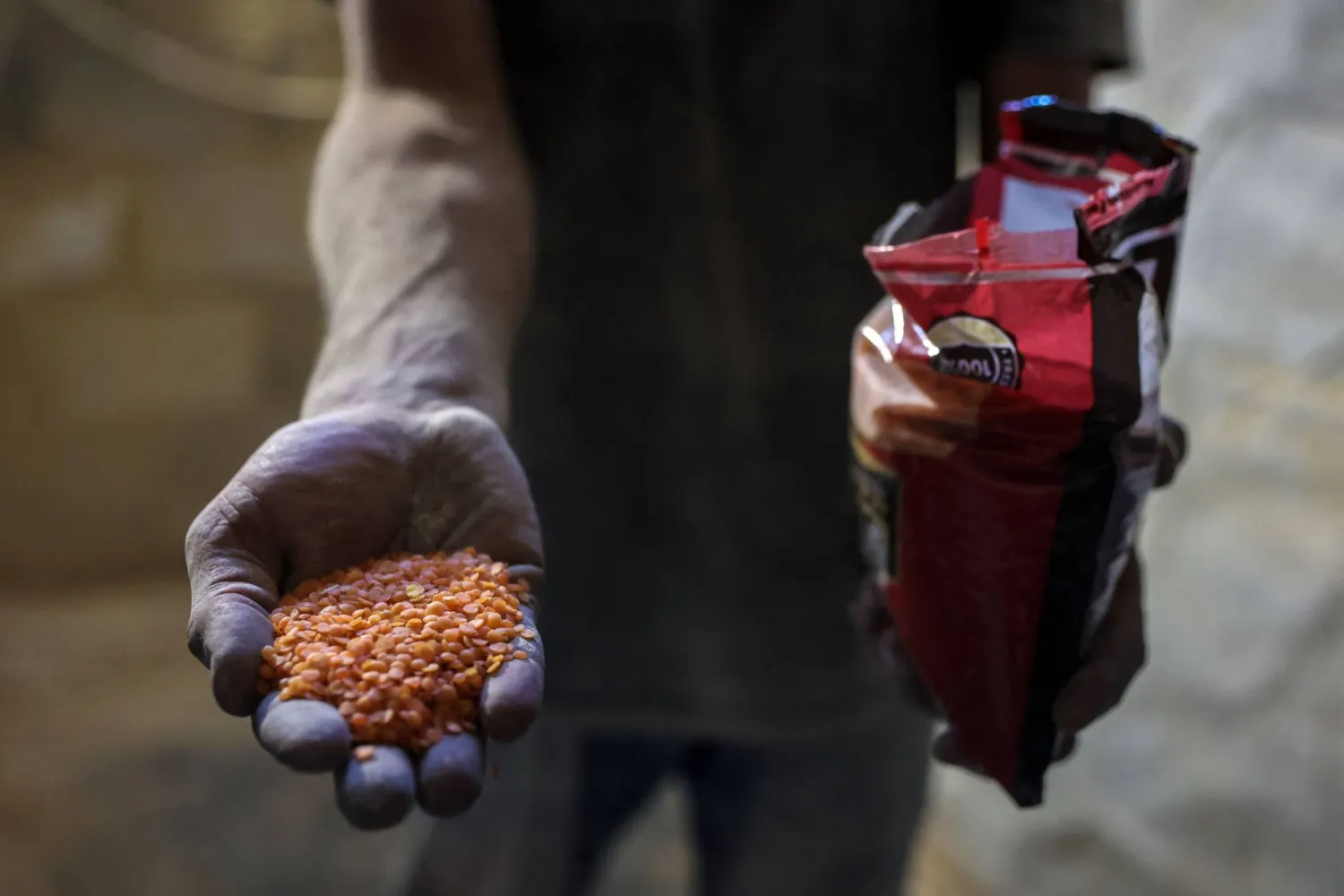 فلسطيني يحمل حفنة من العدس أثناء استعداده لطحنها مع المعكرونة المجففة وتحويلها إلى دقيق لصنع الخبز خلال أزمة الدقيق في مطحنة بمخيم جباليا للاجئين (أ.ف.ب)