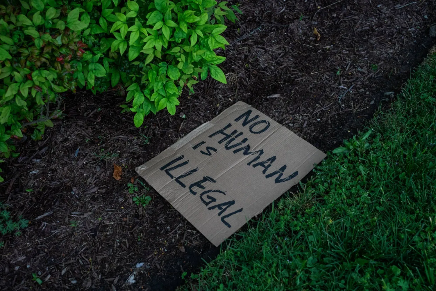 لافتة ملقاة على الأرض بعد مغادرة حافلة تُقلّ أشخاصاً محتجزين بمكتب وزارة الأمن الداخلي في ناشفيل حيث تجمعت عدة جماعات لحقوق المهاجرين للاحتجاج على ما يعتقدون أنها عملية متعددة الوكالات لاحتجاز غير المواطنين طوال الليل في ناشفيل (رويترز)