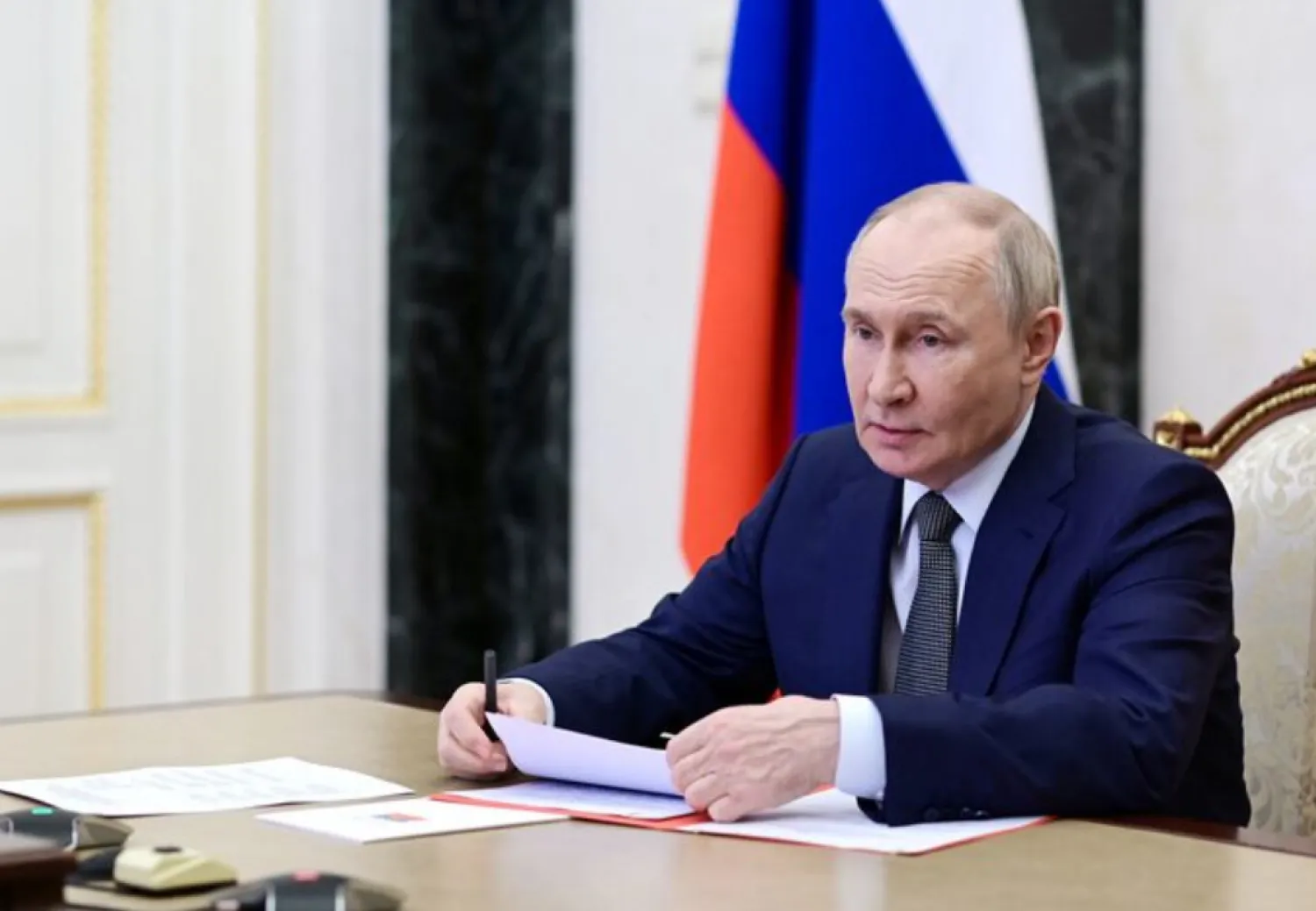 Russian President Vladimir Putin chairs a meeting with members of the Security Council via a video link in Moscow, Russia, May 16, 2025. Sputnik/Pavel Byrkin/Pool via REUTERS
