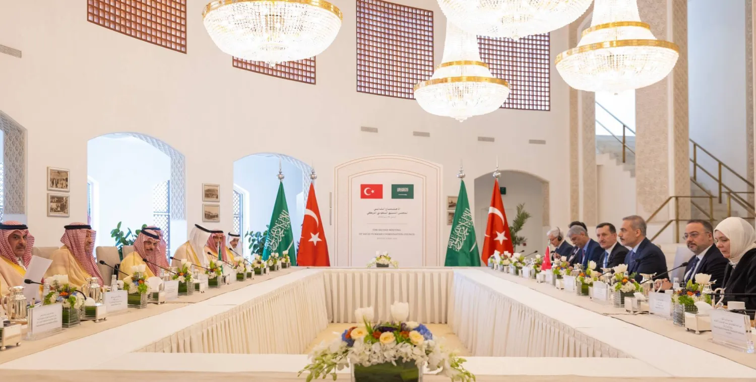 Saudi Foreign Minister Prince Faisal bin Farhan bin Abdullah and his Turkish counterpart Hakan Fidan chair the Saudi-Turkish Coordination Council meeting in Riyadh on Sunday. (Saudi Foreign Ministry) 