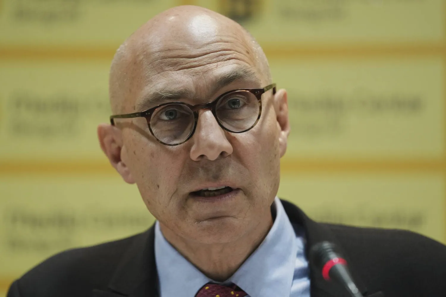 UN High Commissioner for Human Rights (UNHCR) Volker Turk speaks during a press conference on his last day of an official visit to Serbia in Belgrade, Serbia, Wednesday, May 21, 2025. (AP Photo/Darko Vojinovic)