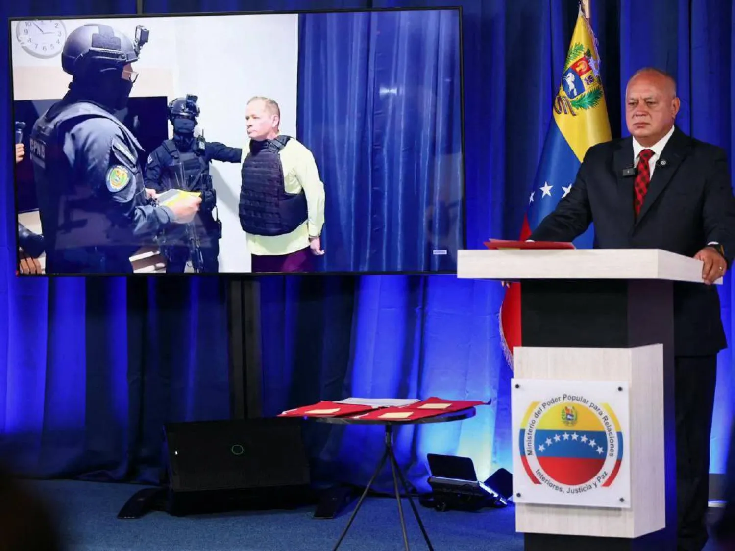 Handout picture released by Venezuela's Interior and Justice Ministry showing Interior Minister Diosdado Cabello speaking on the arrest of opposition member Juan Pablo Guanipa during a press conference in Caracas on May 23, 2025. (Handout / Venezuela's Interior and Justice Ministry / AFP)  