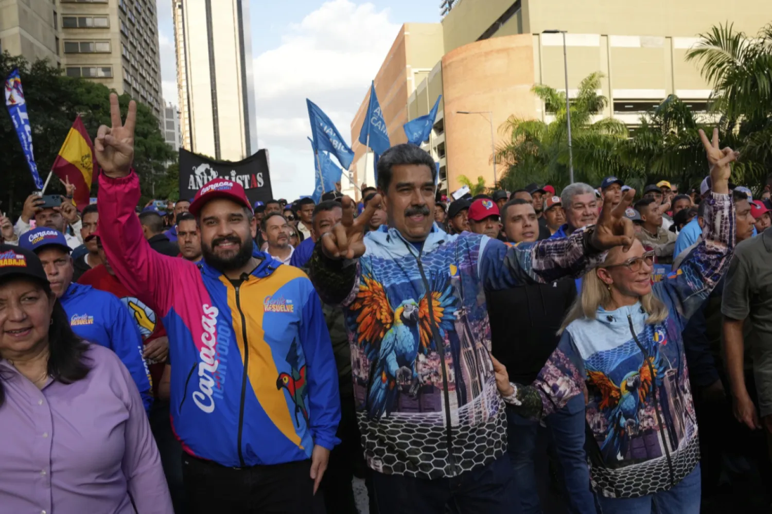 FILE: From left to right, Caracas Mayor's Carmen Menendez, Nicolas Maduro Guerra, who's running to represent Caracas as a lawmaker for the National Assembly and also son of Venezuelan President Venezuelan Nicolas Maduro, first lady Cilia Flores and National Assembly Presiden Jorge Rodriguez attend a closing campaign rally for the regional election on May 25, in Caracas, Venezuela, Thursday, May 22, 2025. (AP Photo/Ariana Cubillos)
