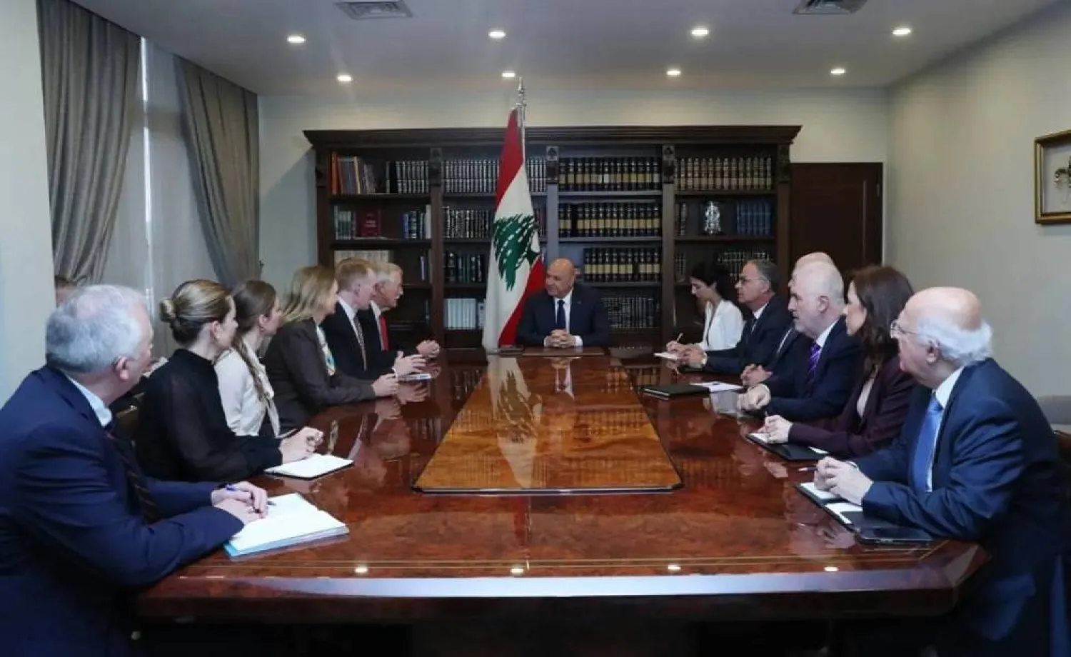 The Lebanese and American delegation meet at the Baabda presidential palace on Monday. (X)
