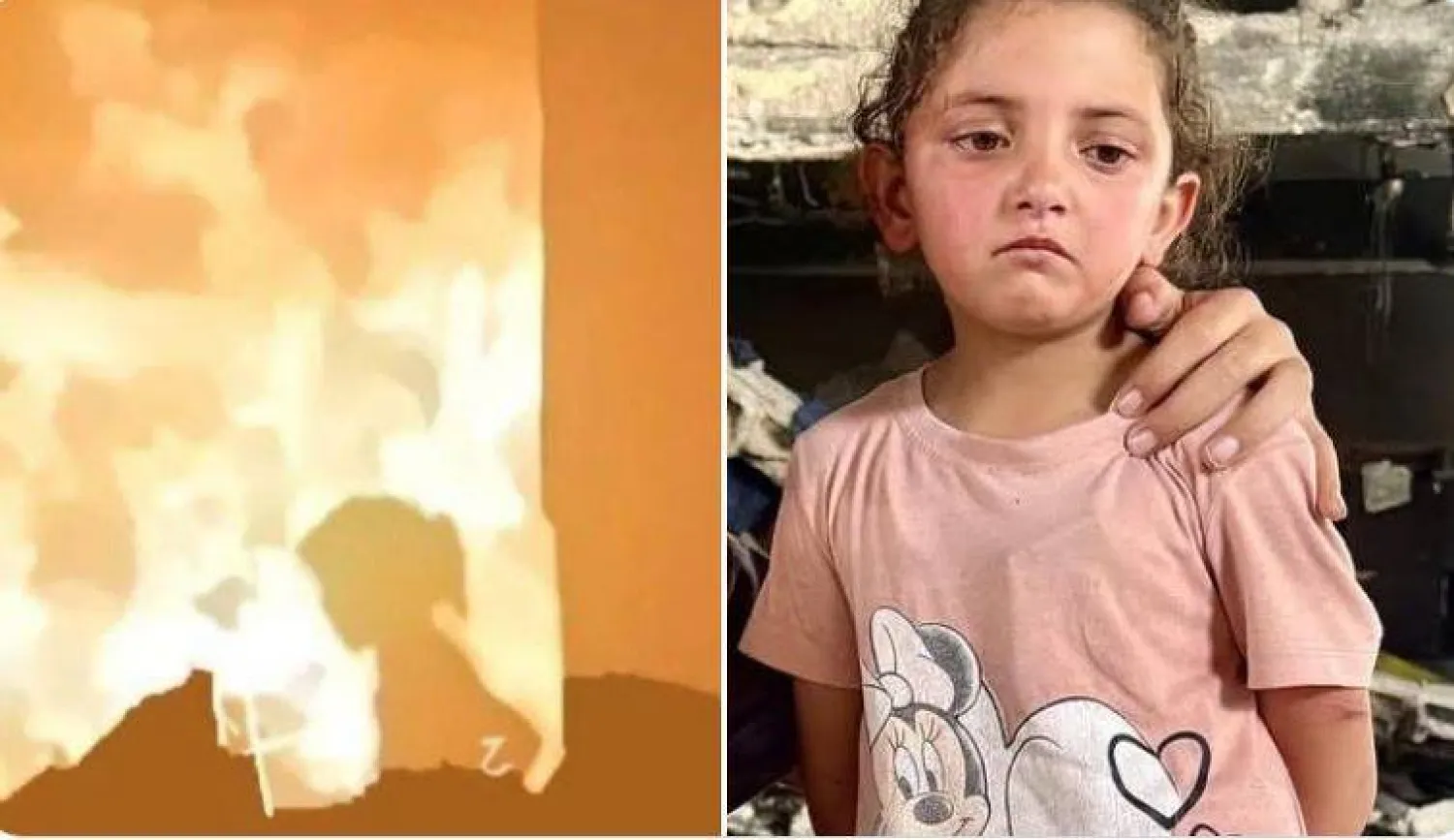 الطفلة ورد (يمين) بجانب صورة لطفلة بين النيران اشتعلت في مدرسة فهمي الجرجاوي إثر قصف إسرائيلي بمدينة غزة (وسائل إعلام محلية)