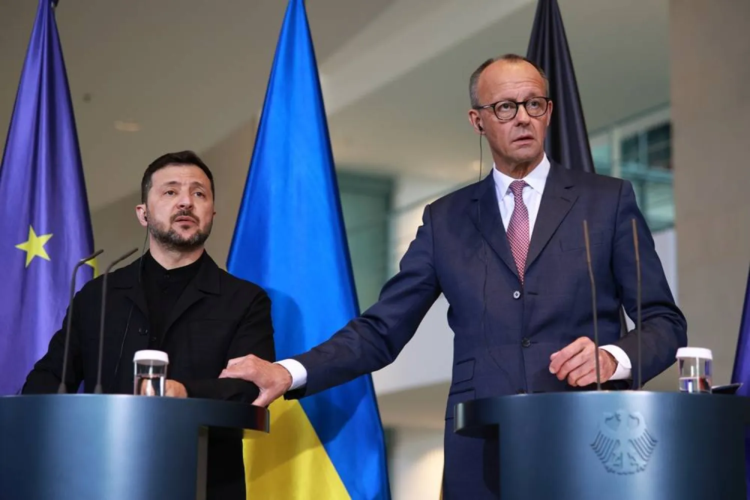 German Chancellor Friedrich Merz (R) and Ukrainian President Volodymyr Zelenskyy (L) attend a joint press conference at the Chancellery in Berlin, Germany, 28 May 2025. (EPA)