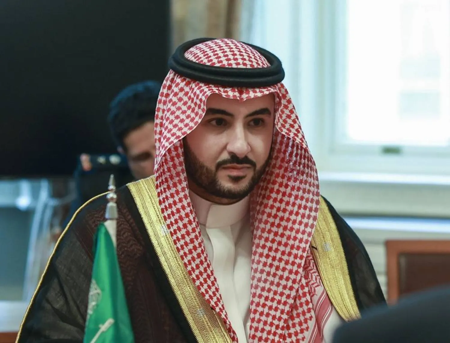 Saudi Minister of Defense Prince Khalid bin Salman bin Abdulaziz during his meeting with British Secretary of State for Defense John Healey on Tuesday. (Saudi Ministry of Defense)
