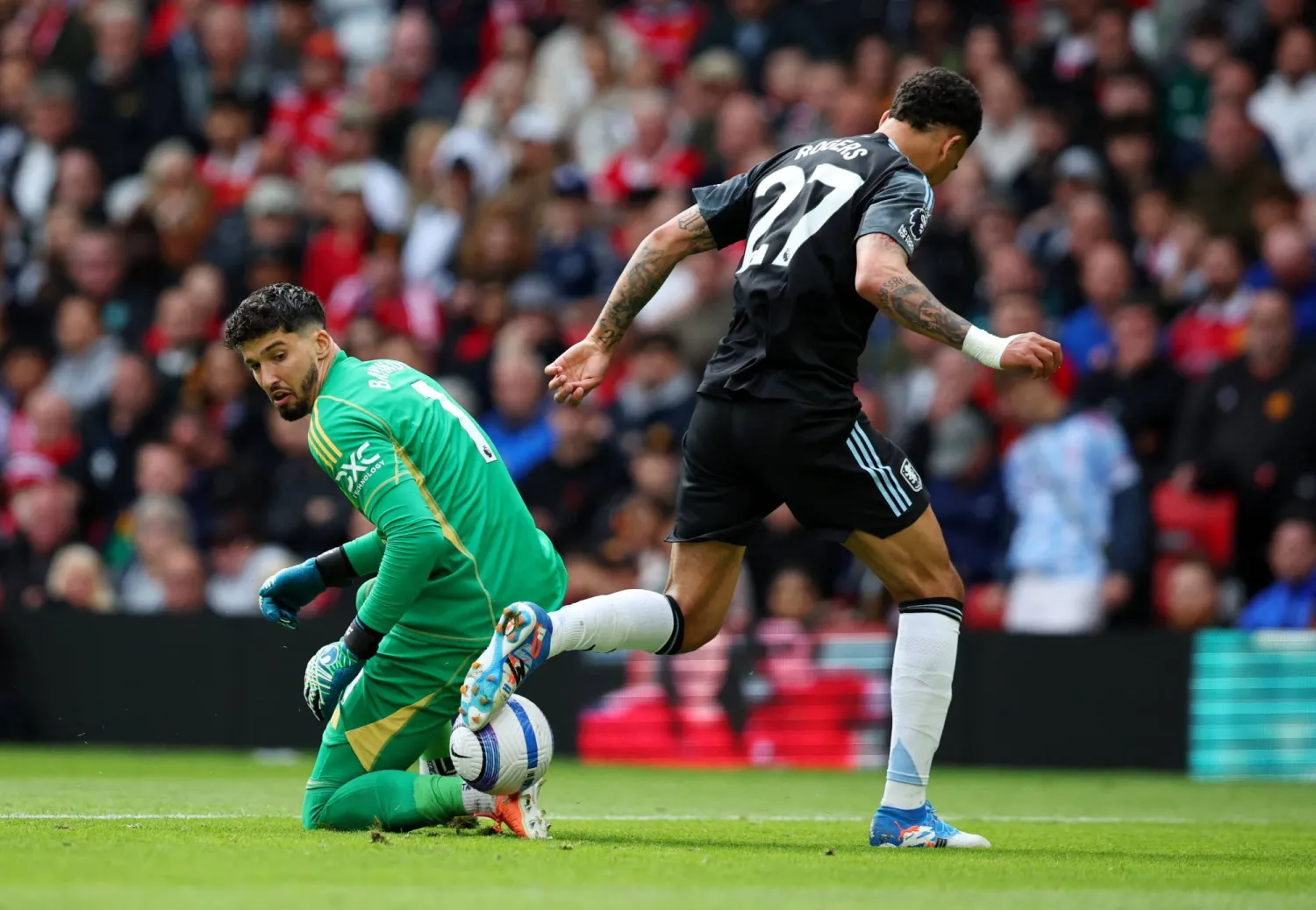 حارس مرمى مانشستر يونايتد ألتاي بايندير ولاعب أستون فيلا مورغان روجرز والكرة سبب الخلاف بينهما