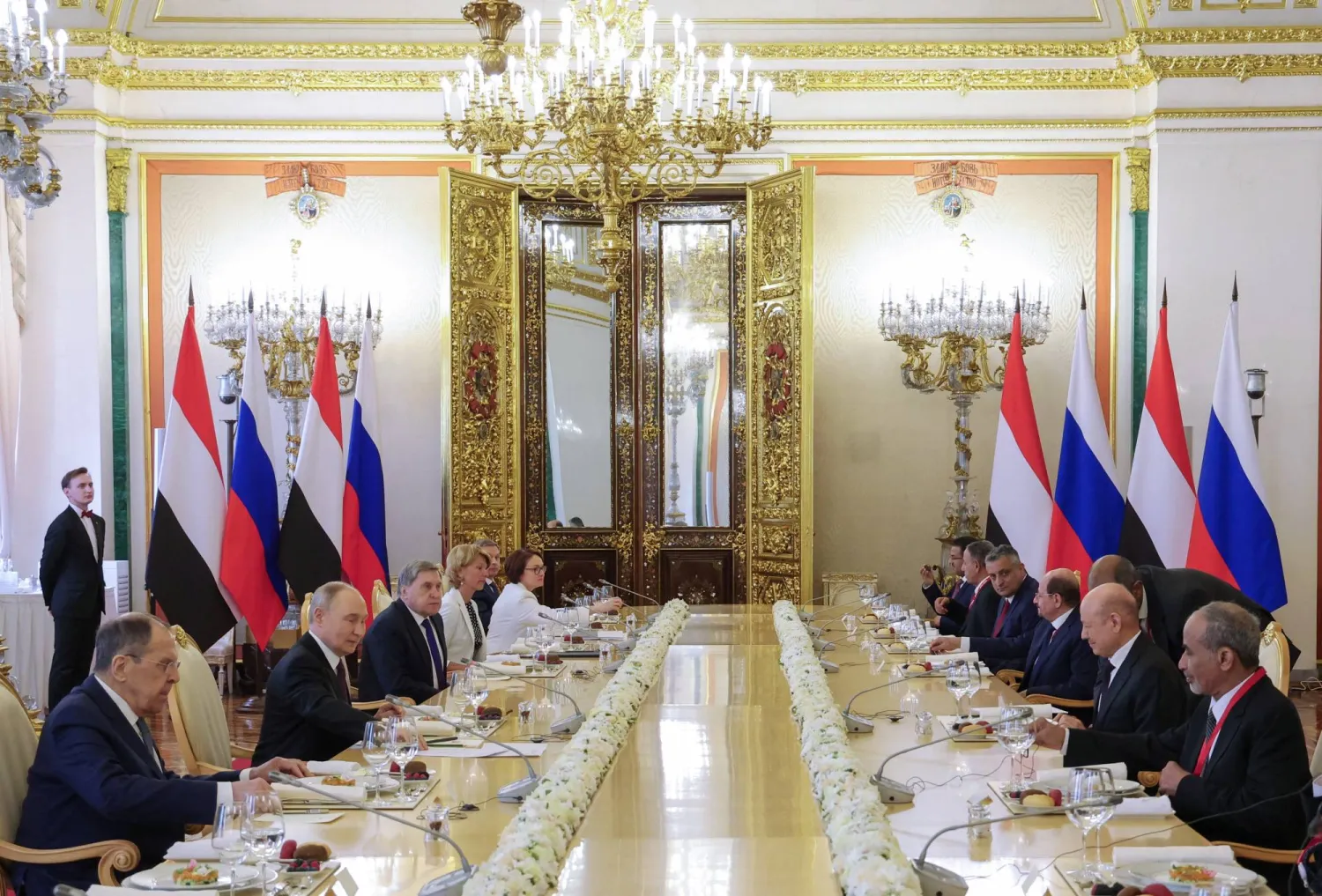 Members of the delegations, led by Russia's President Vladimir Putin and head of Yemen's Presidential Council Rashad Al-Alimi, attend a meeting at the Kremlin in Moscow, Russia, May 28, 2025. Sputnik/Vyacheslav Prokofyev/Pool via REUTERS