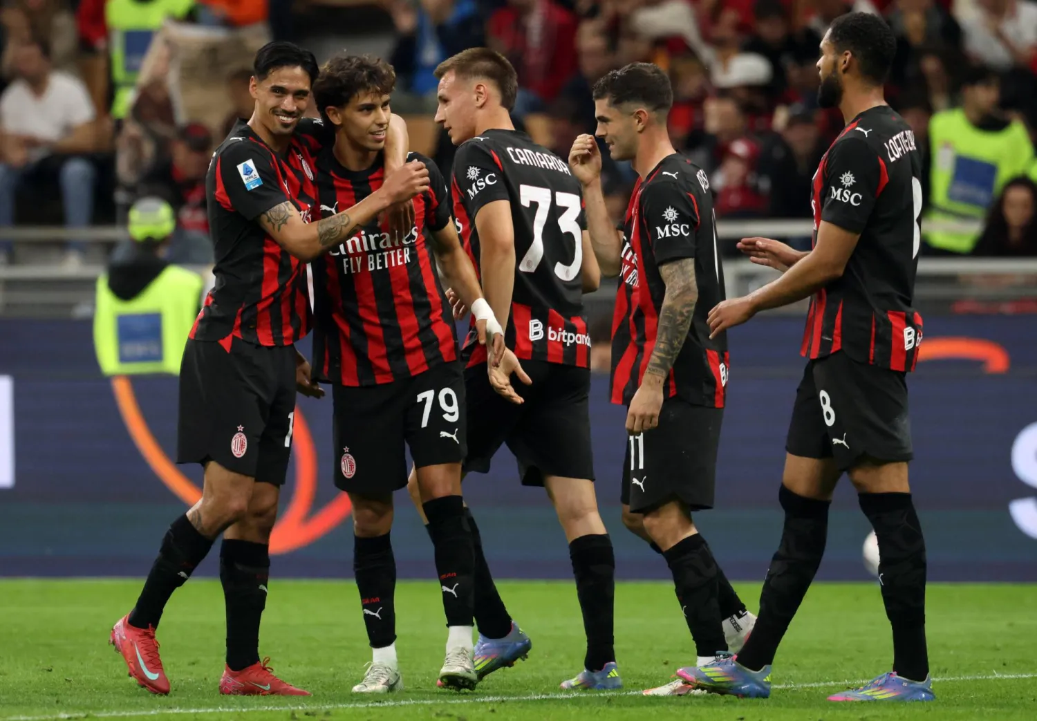 Milan’s Joao Felix (2 L) celebrates with his teammates after scoring his 2 - 0 goal during during the Italian Serie A soccer match between AC Milan and AC Monza at Giuseppe Meazza stadium in Milan, Italy, 24 May 2025. EPA/MATTEO BAZZI