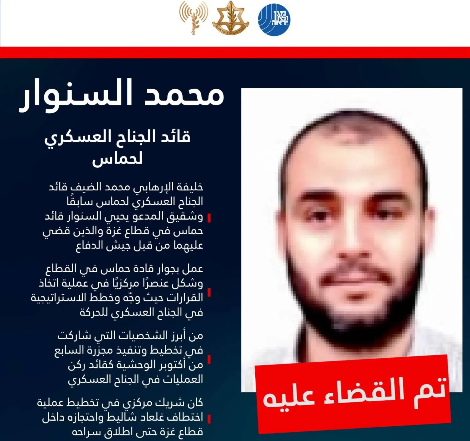 صورة نشرها الجيش الإسرائيلي للإعلان عن قتل محمد السنوار قائد «كتائب القسام»