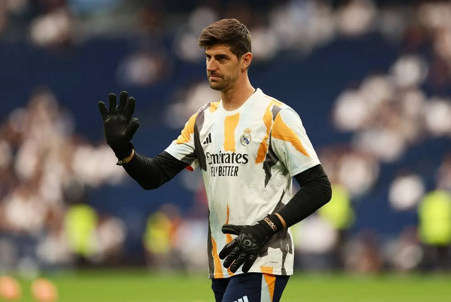 Football - LaLiga - Real Madrid v Real Sociedad - Santiago Bernabeu, Madrid, Spain - May 24, 2025 Real Madrid' Thibaut Courtois during the warm up before the match. (Reuters)