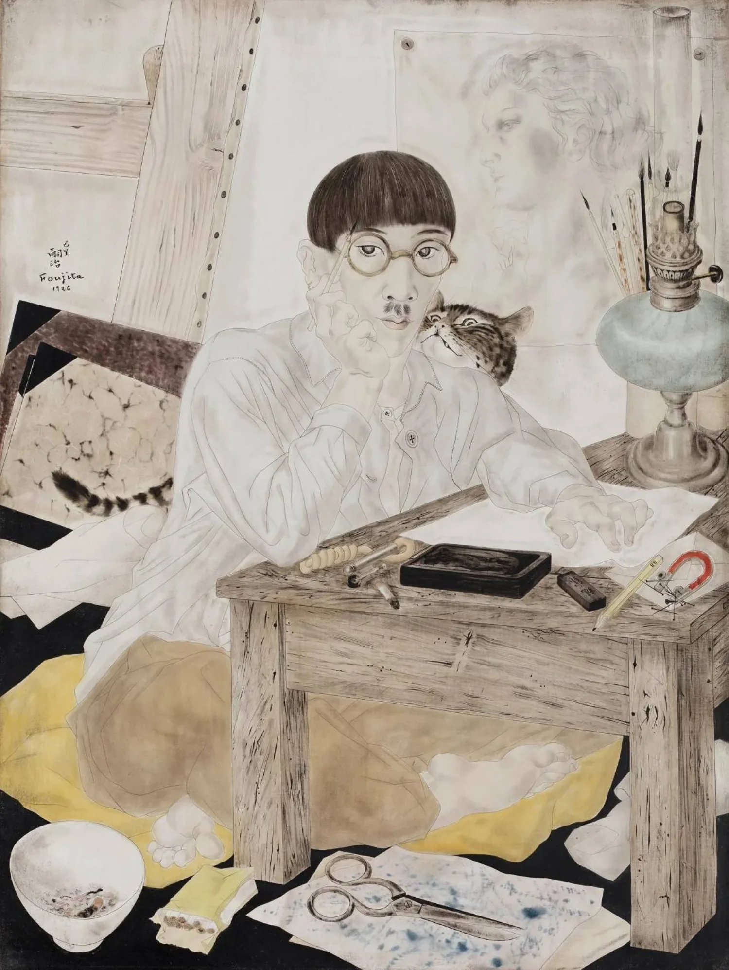 «صورة ذاتية مع قطة» لفوجيتا تسوغوهارو تمزج بين التأثيرات الغربية واليابانية (متحف سنغافورة الوطني)