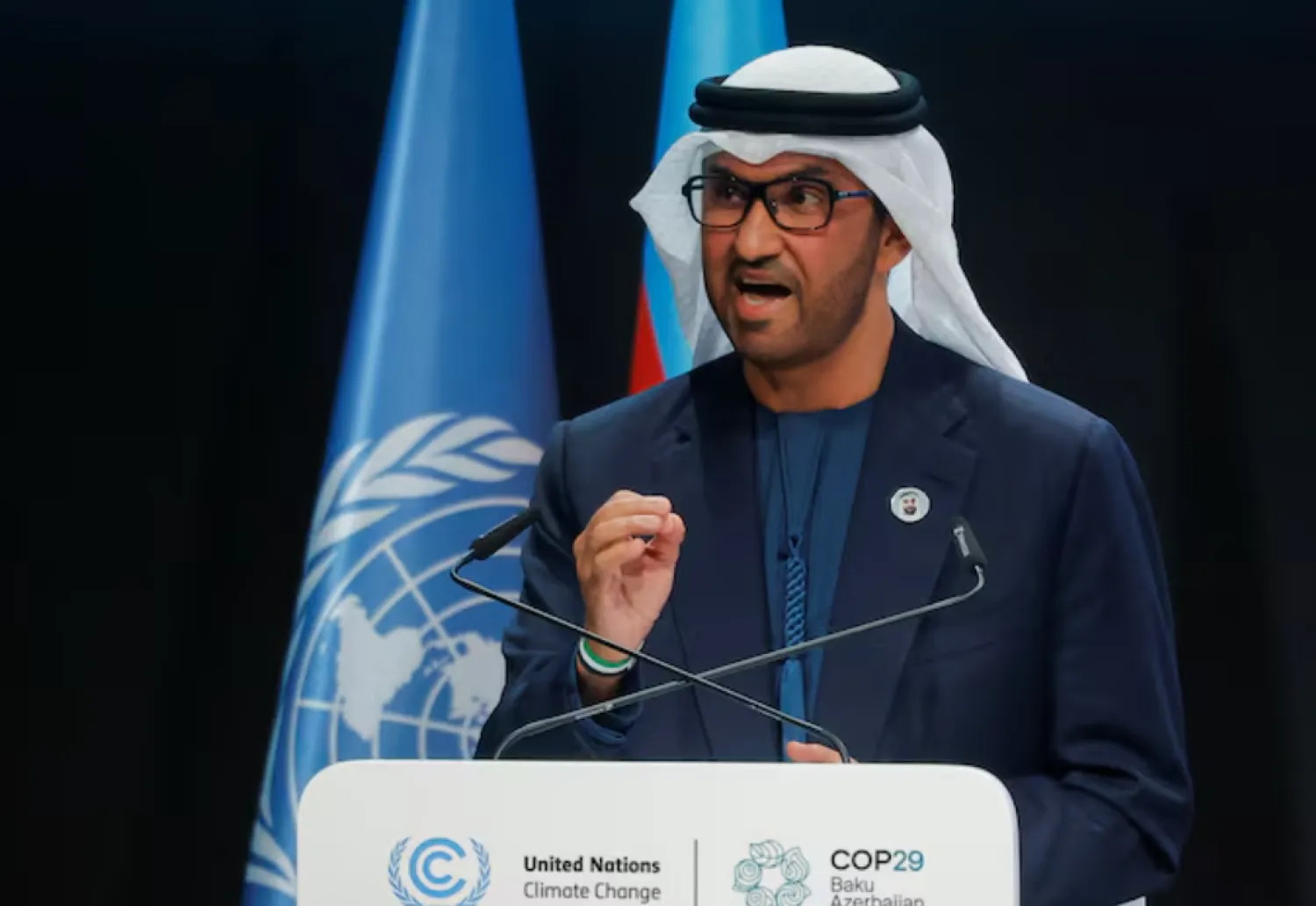 Sultan Al Jaber, COP28 President, speaks at the United Nations climate change conference COP29 opening in Baku, Azerbaijan November 11, 2024. REUTERS/Maxim Shemetov/File Photo 