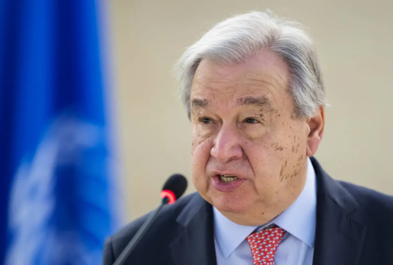(FILES) UN Secretary-General Antonio Guterres delivers a speech at the opening of the 58th session of the United Nations Human Rights Council in Geneva, on February 24, 2025. (Photo by Fabrice COFFRINI / AFP)
