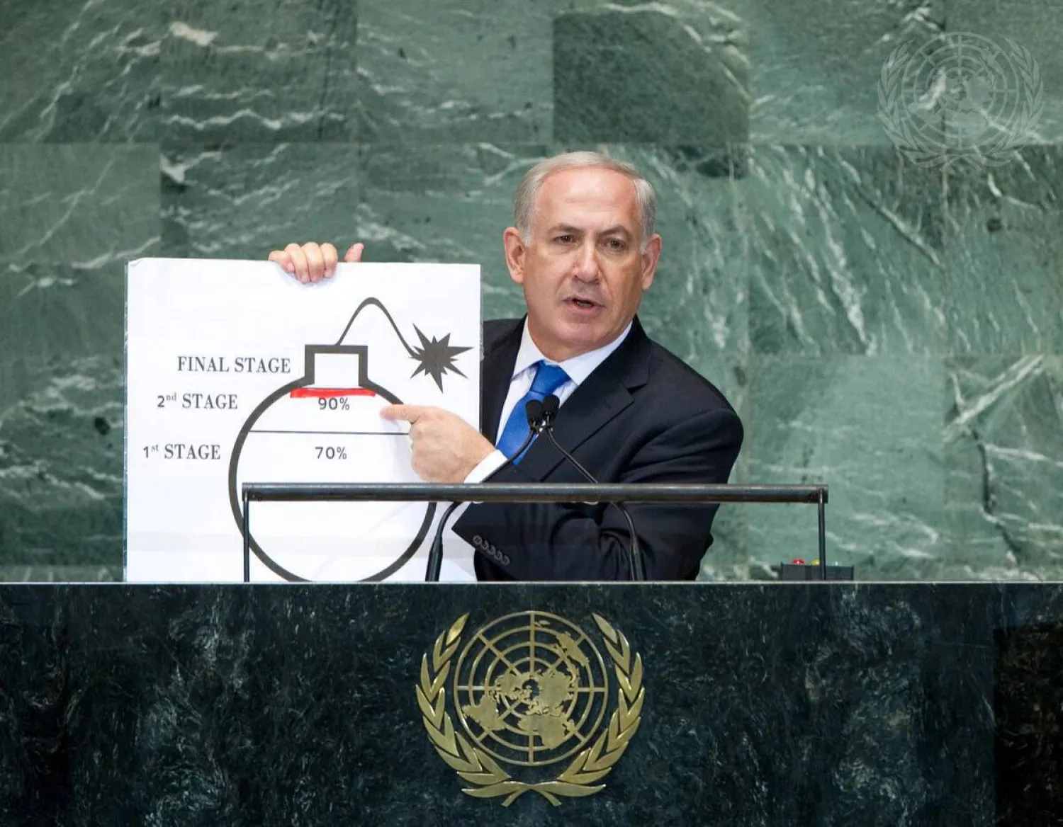 رئيس الوزراء الإسرائيلي بنيامين نتنياهو متحدثاً على منبر الجمعية العامة للأمم المتحدة خلال عام 2012 في نيويورك (صور الأمم المتحدة)