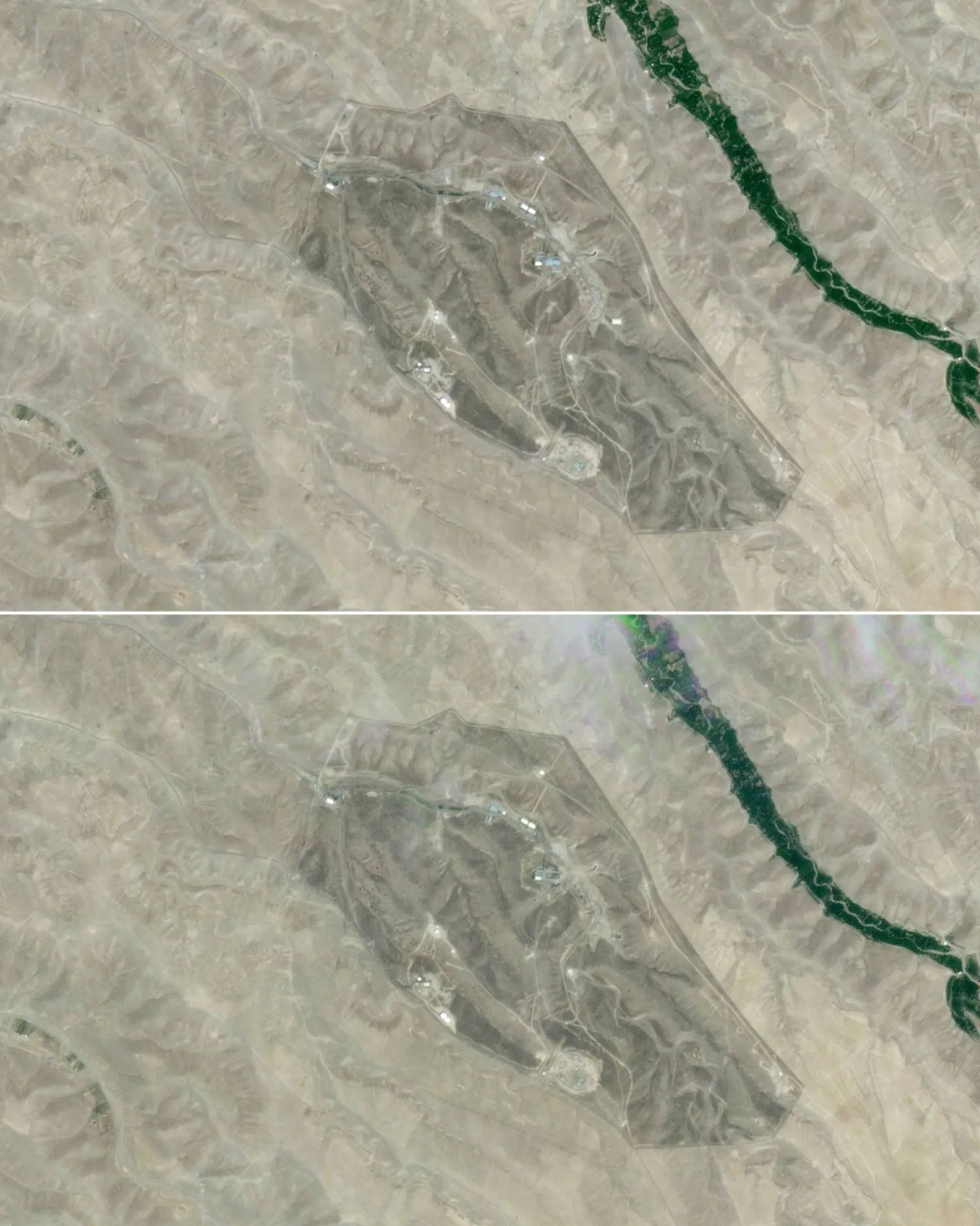 صورتان بالأقمار الاصطناعية تُظهران قاعدة صواريخ جنوب تبريز بإيران  في 11 يونيو (حزيران) 2025 (أعلى) وفي 13 يونيو 2025 (أسفل) بعد ضربة عسكرية إسرائيلية (أ.ف.ب)