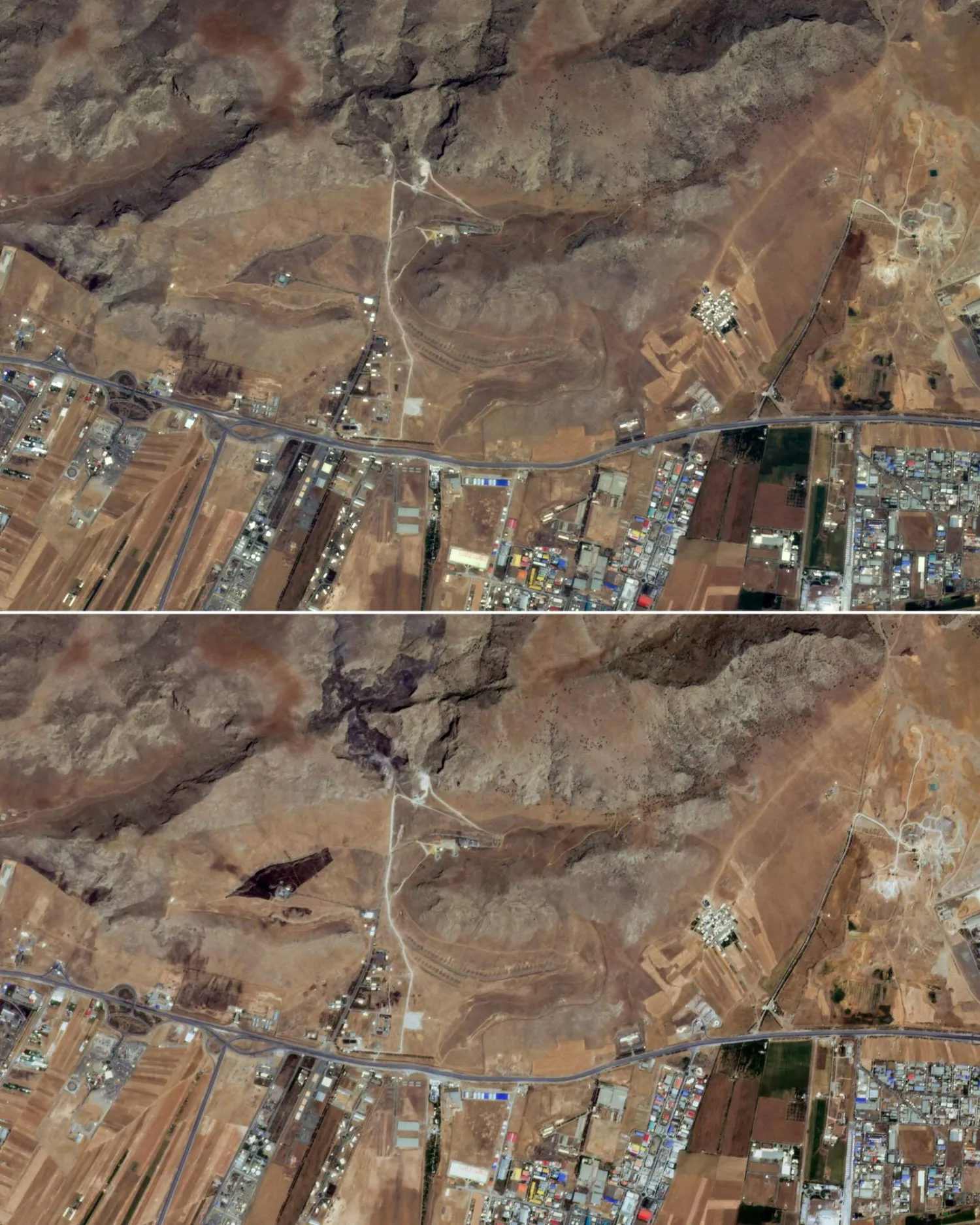 لقطات بالأقمار الاصطناعية لقاعدة صواريخ كرمانشاه بإيران في 12 يونيو 2025 (أعلى) وفي 13 يونيو 2025 (أسفل) بعد الضربات الإسرائيلية (أ.ف.ب)