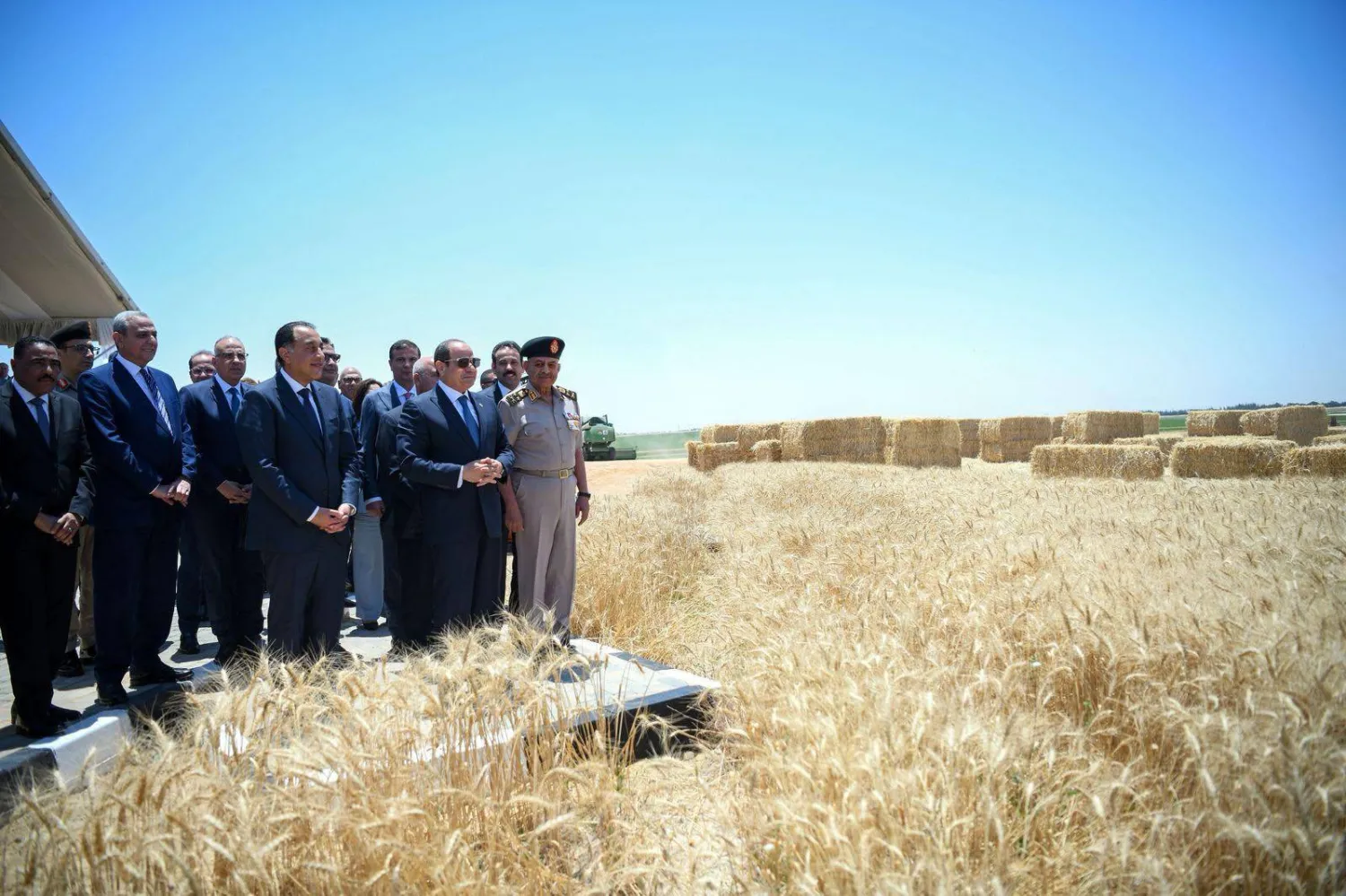 الرئيس المصري عبد الفتاح السيسي ورئيس الحكومة مصطفى مدبولي في افتتاح موسم حصاد القمح الشهر الماضي (الرئاسة المصرية)