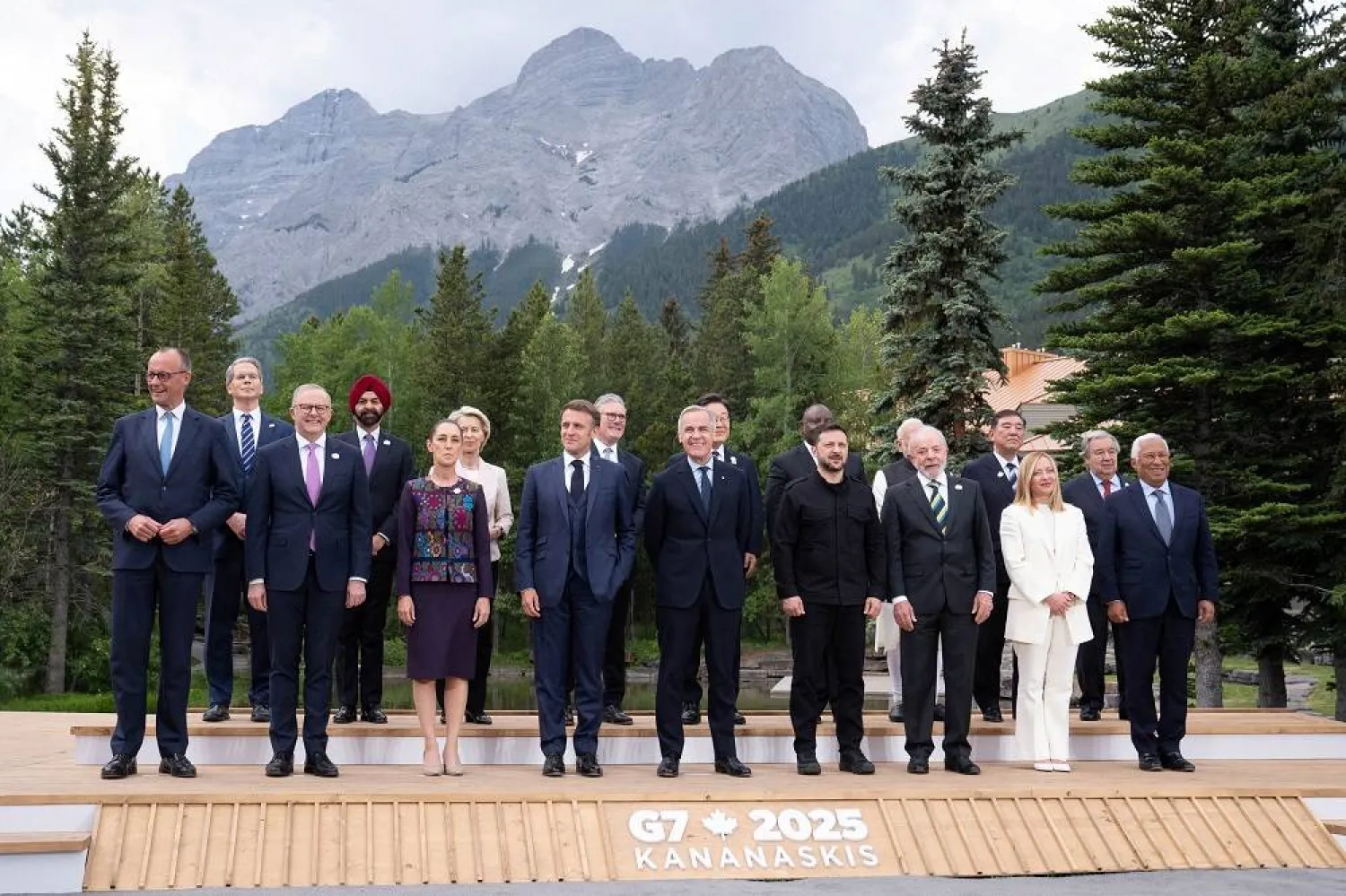 Canada's Prime Minister Mark Carney poses for a family photo with German Chancellor Friedrich Merz, Australian Prime Minister Anthony Albanese, Mexican President Claudia Sheinbaum, France's President Emmanuel Macron, Ukrainian President Volodymyr Zelenskiy, Brazil's President Luiz Inacio Lula da Silva, Italy's Prime Minister Giorgia Meloni, European Council President Antonio Costa, US Treasury Secretary Scott Bessent, World Bank President Ajay Banga, European Commission President Ursula von der Leyen, British Prime Minister Keir Starmer, South Korean President Lee Jae-myung, President of South Africa Cyril Ramaphosa, India's Prime Minister Narendra Modi, Japan's Prime Minister Shigeru Ishiba and United Nations Secretary-General Antonio Guterres during the G7 Leaders' Summit in Kananaskis, Alberta, Canada, June 17, 2025. (Reuters) 