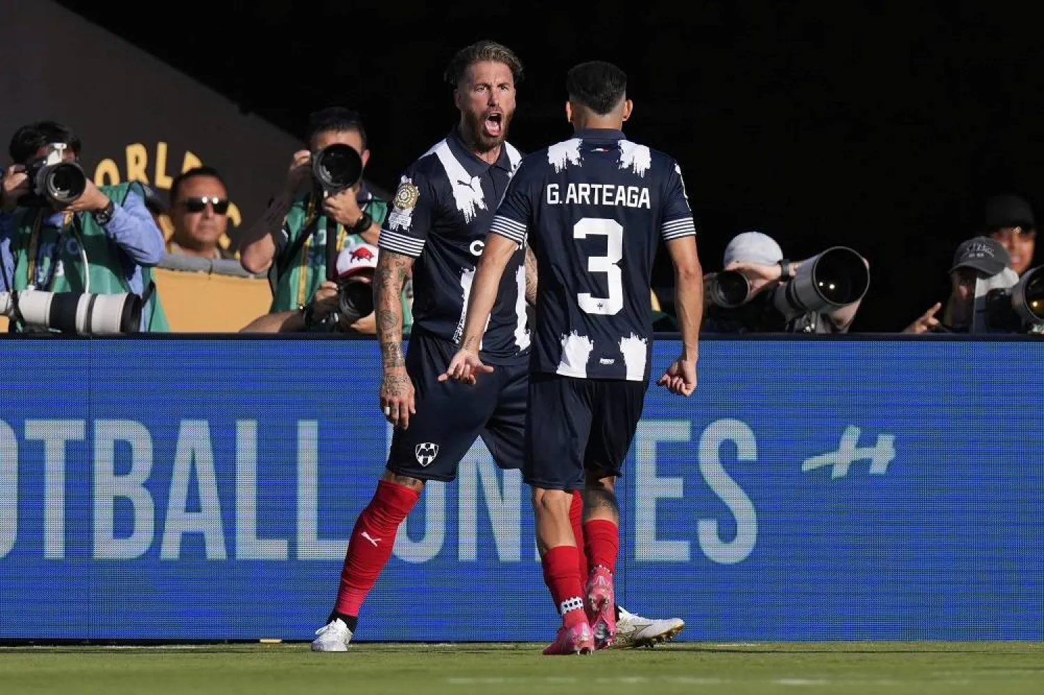 Monterrey's Sergio Ramos, left, celebrates after scoring the opening goal during the Club World Cup group E soccer match between CF Monterrey and Inter Milan in Pasadena, Calif., Tuesday, June 17, 2025. (AP) 