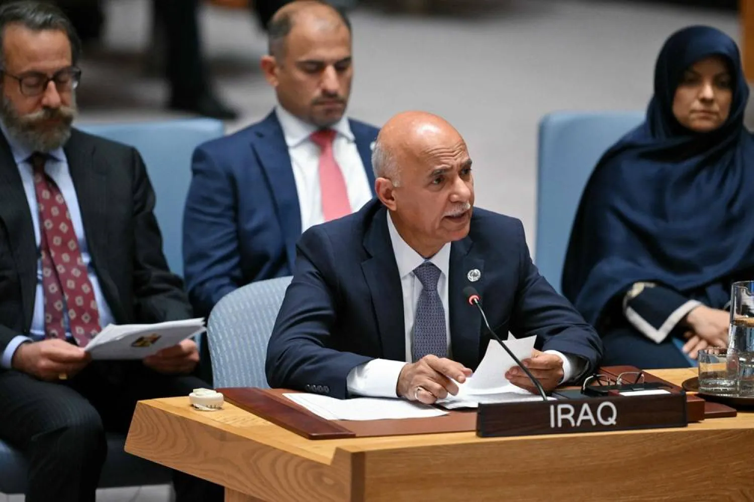Chargé d’Affaires of the Permanent Mission of the Republic of Iraq to the UN Dr. Abbas Kadhom Obaid Al-Fatlawi, speaks during a United Nations Security Council meeting on the Israel-Iran conflict at the UN headquarters in New York on June 20, 2025. (AFP) 