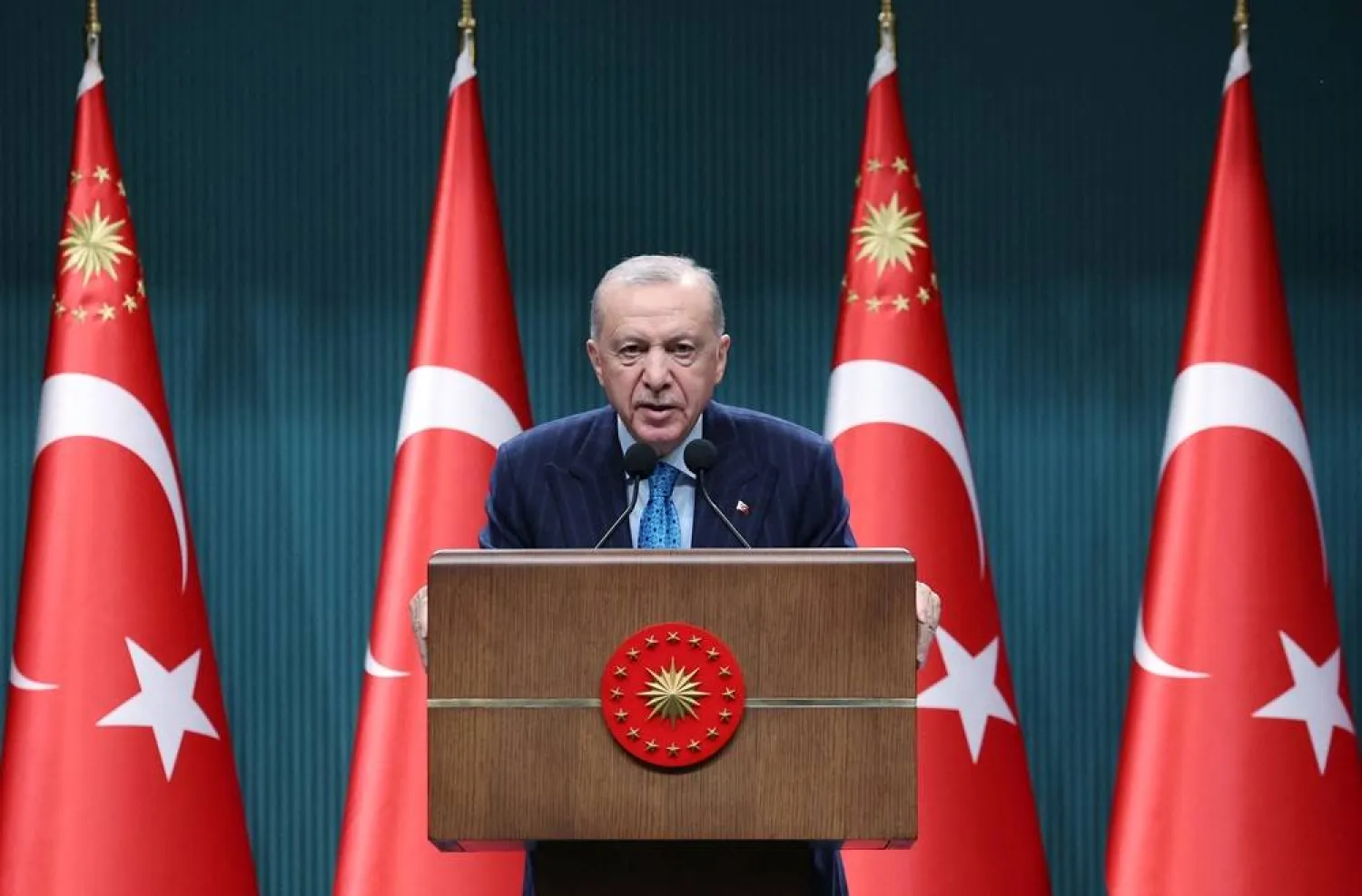Turkish President Recep Tayyip Erdogan speaks during a press conference following a cabinet meeting in Ankara, Türkiye, June 16, 2025. (Murat Kula/Presidential Press Office/Handout via Reuters) 