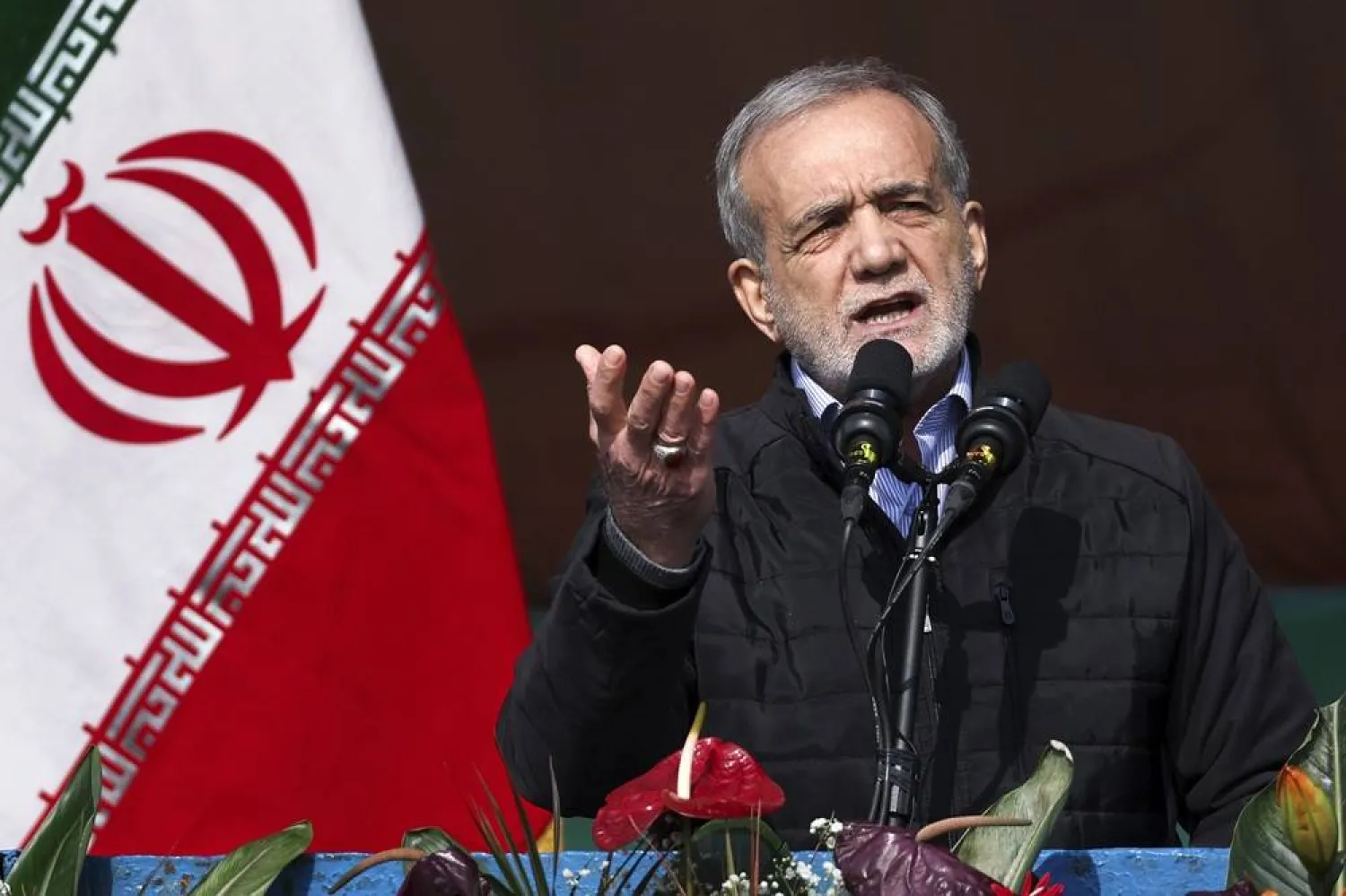 This photo released by the Iranian Presidency Office, President Masoud Pezeshkian speaks during a rally on Feb. 10, 2025, in Tehran, Iran. (Iranian Presidency Office via AP, File) 