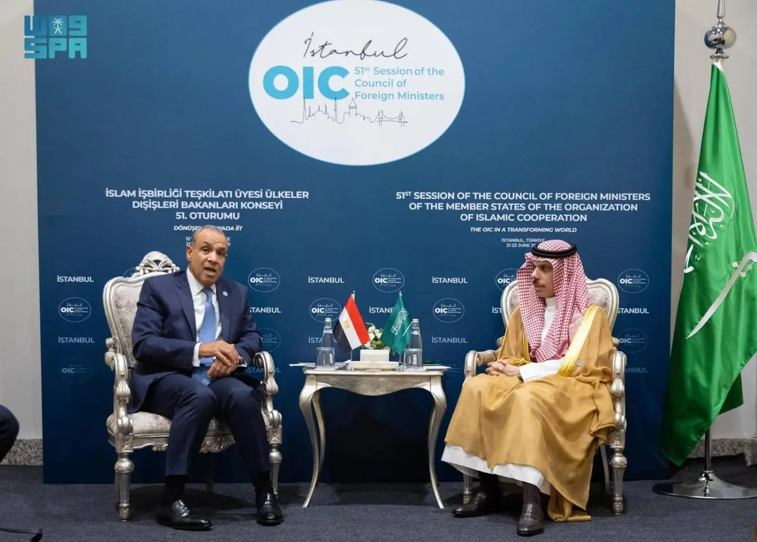 Saudi Minister of Foreign Affairs Prince Faisal bin Farhan bin Abdullah meets with his Egyptian counterpart Dr. Badr Abdelatty in Istanbul on Saturday. (SPA)