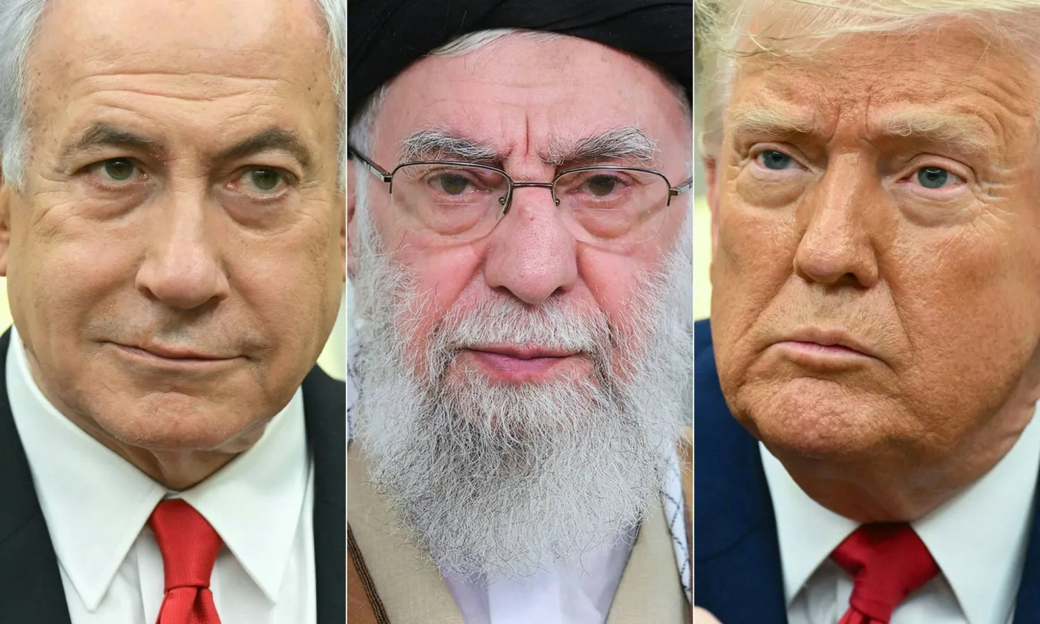 صورة مركبة تضع المرشد الإيراني علي خامنئي في الوسط بين نتنياهو وترمب (أ.ف.ب)