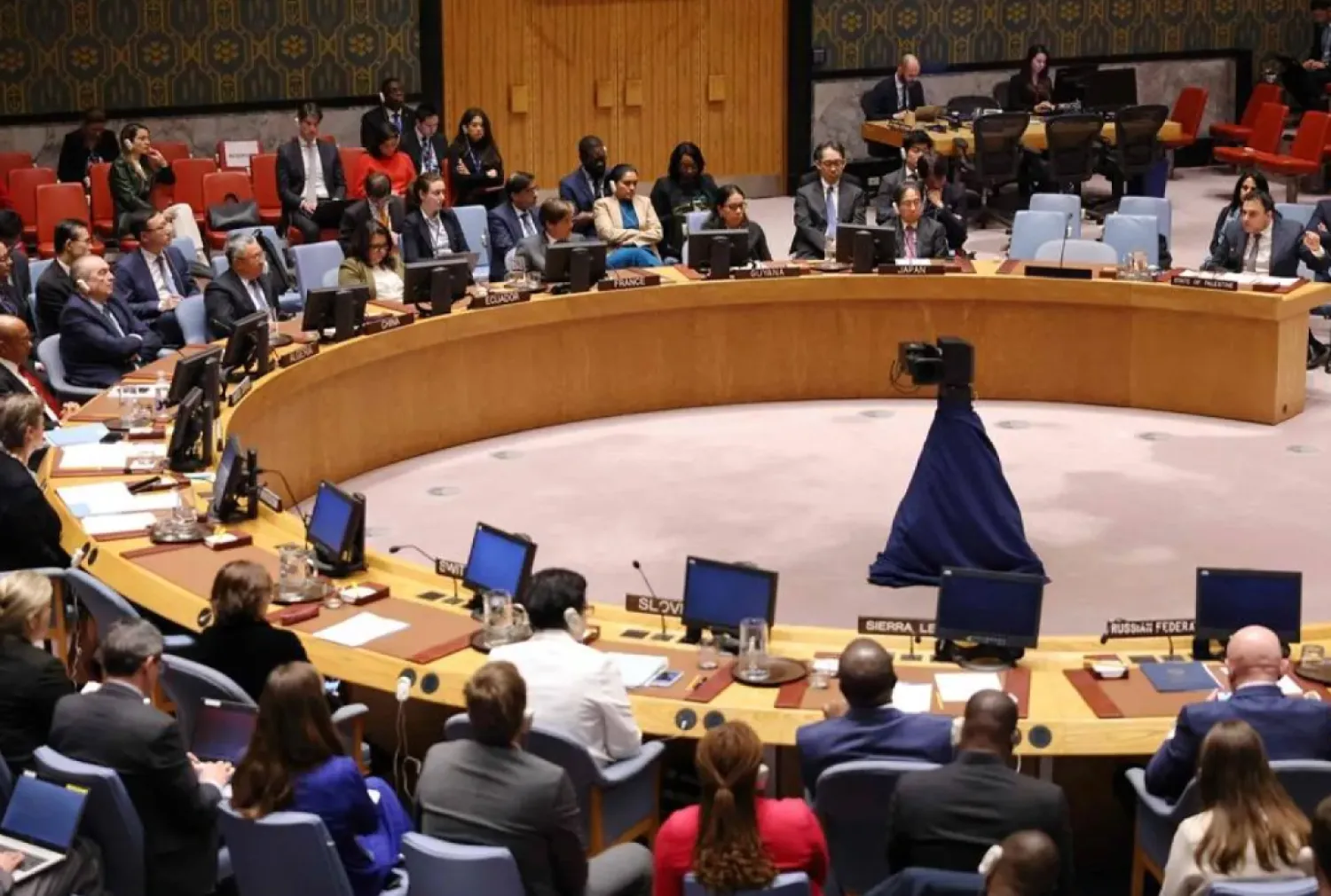 Members of the United Nations Security Council listen as Ambassador Majed Bamya, Deputy Permanent Observer of the State of Palestine to the UN, speaks meeting on the situation in the Middle East, including the Palestinian question at the UN headquarters on November 20, 2024 in New York City. (Getty Images via AFP)
