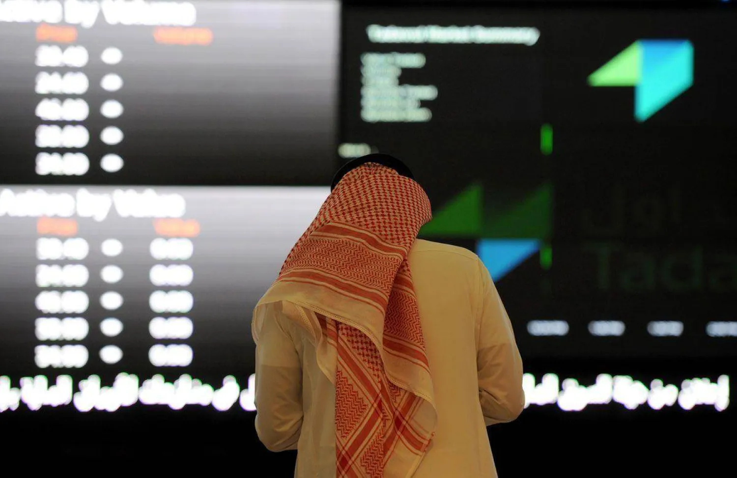مستثمر يراقب شاشة التداول في السوق السعودية (أ.ف.ب)