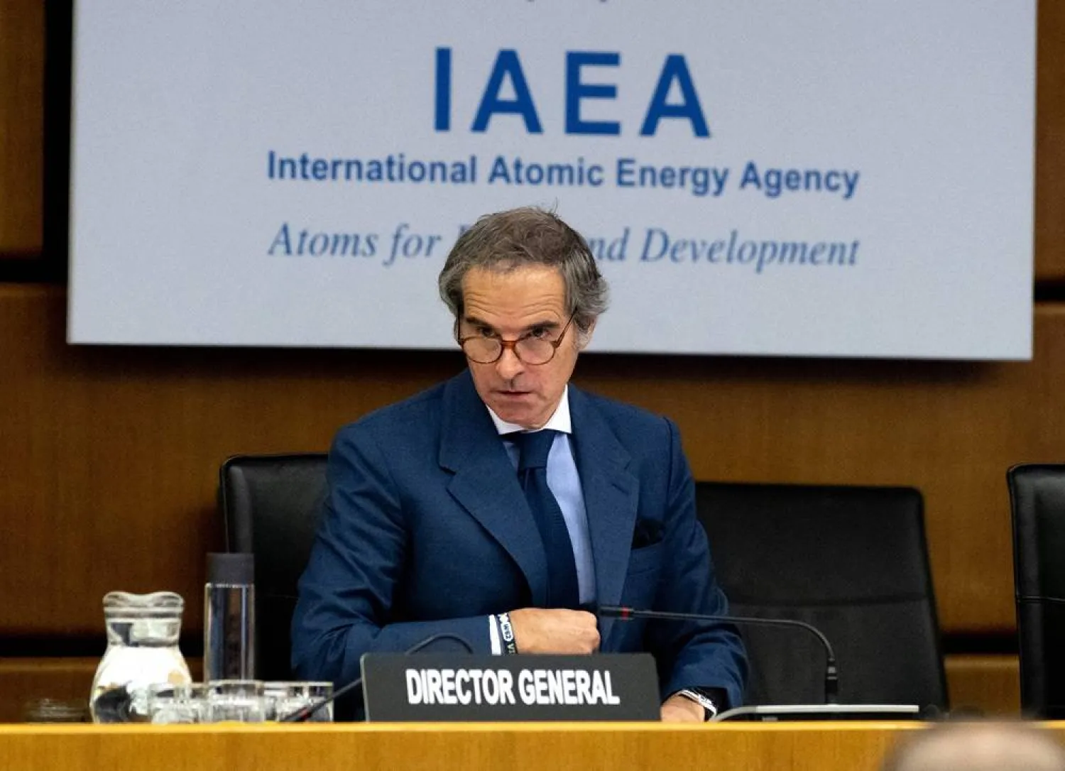 Rafael Grossi, Director General of the International Atomic Energy Agency (IAEA) has taken seat for the IAEA's Board of Governors meeting at the agency's headquarters in Vienna, Austria, on June 16, 2025. (AFP)