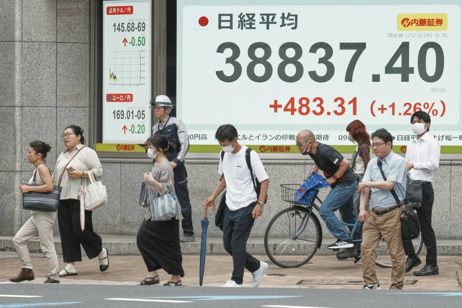 مشاة في أحد شوارع العاصمة اليابانية طوكيو يمرون أمام لوحة إلكترونية تعرض حركة الأسهم (أ.ب)