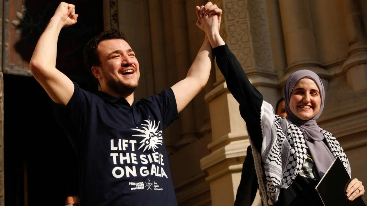 Former Columbia University graduate student Mahmoud Khalil (L) spent 104 days in federal detention after being targeted by the Trump administration for deportation. kena betancur / AFP
