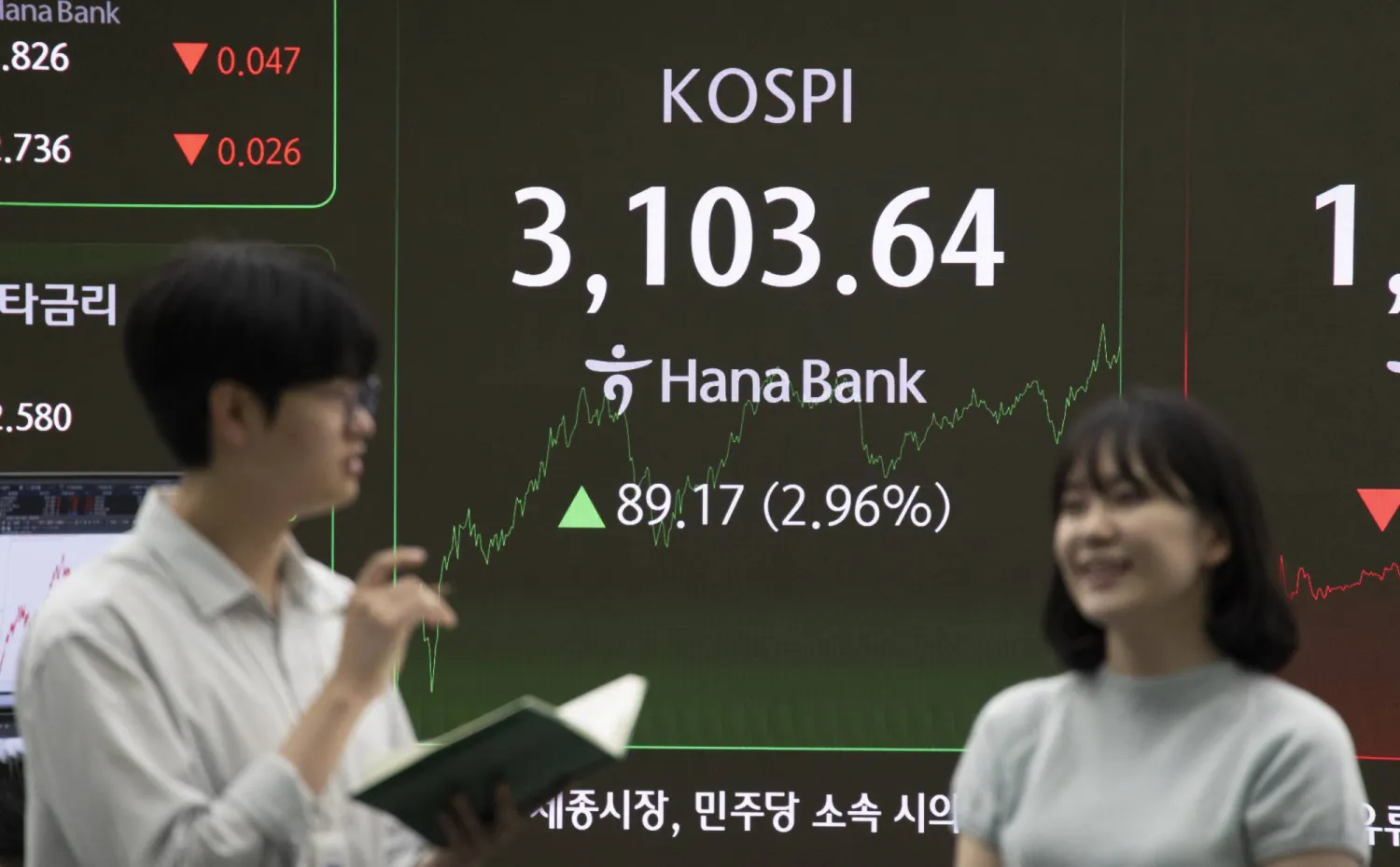 يعمل متداولون كوريون جنوبيون أمام شاشات الأسهم في بنك «هانا» بالعاصمة سيول (إ.ب.أ)