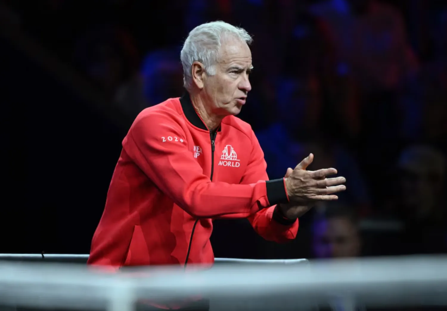 Tennis - Laver Cup - Uber Arena, Berlin, Germany - September 20, 2024 Team World captain John McEnroe reacts during Team World's Thanasi Kokkinakis match against Team Europe's Stefanos Tsitsipas REUTERS/Annegret Hilse 