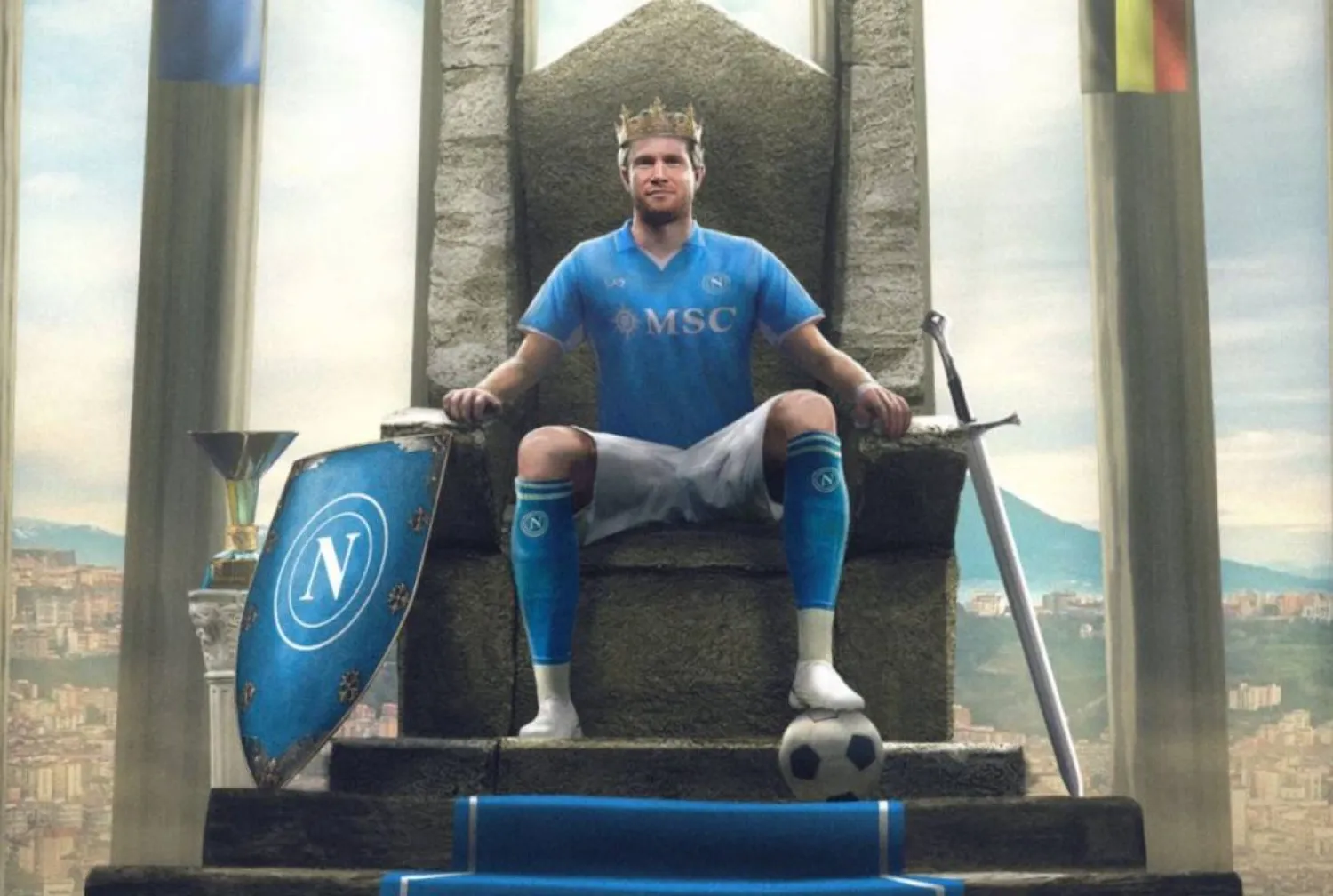 نشر نابولي على منصة «إكس» صورة لدي بروين وهو جالس على عرش وعلق عليها قائلاً: الملك كيفن هنا (غيتي)