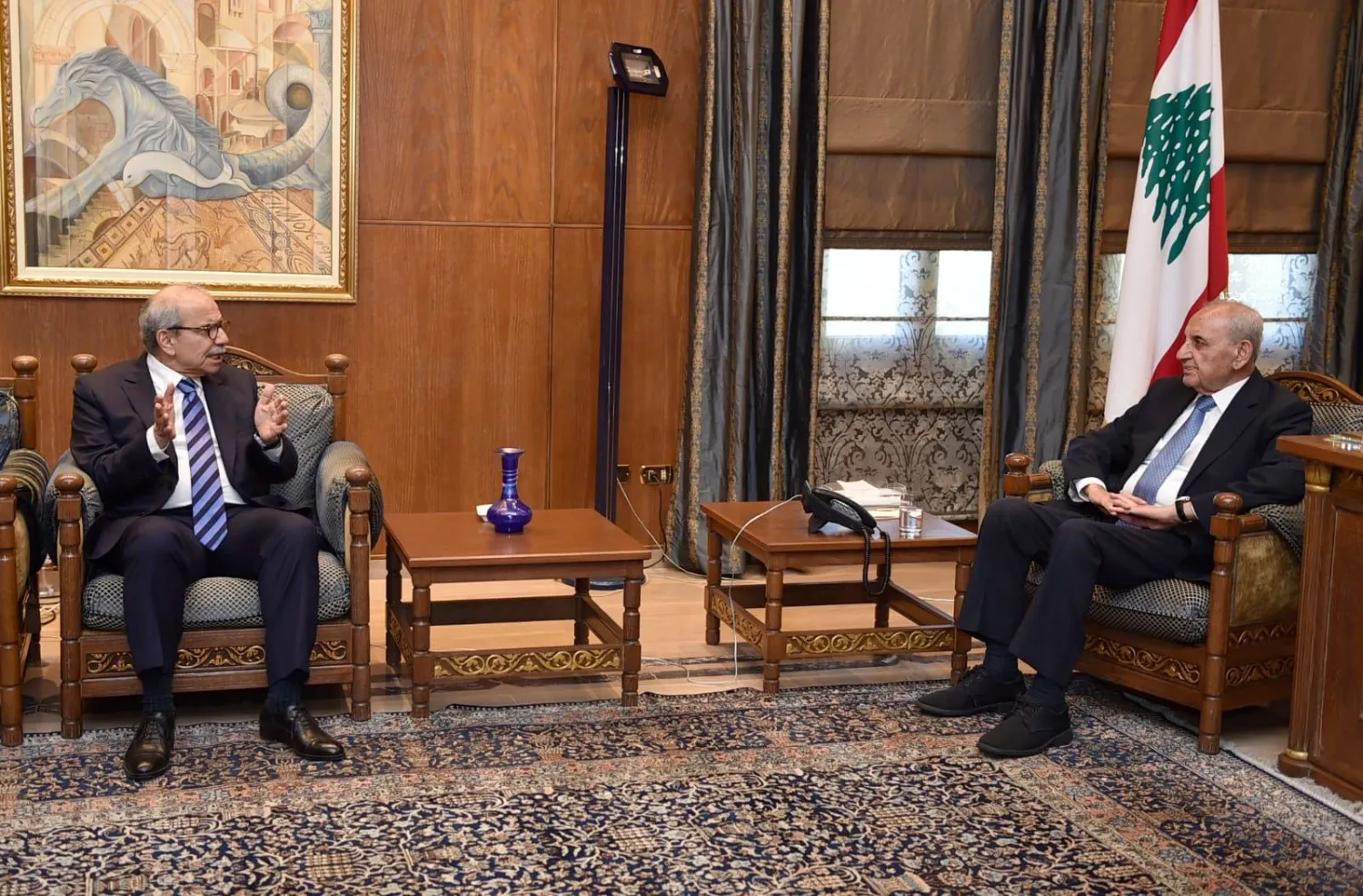 جانب من لقاء بري وسلام في مقر رئاسة مجلس النواب (رئاسة البرلمان)