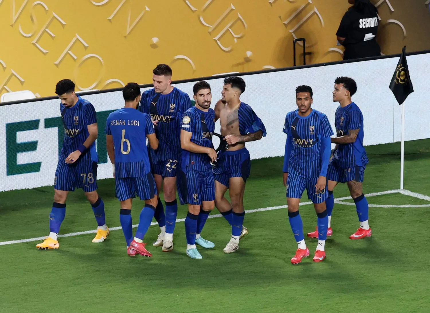 Soccer Football - FIFA Club World Cup - Round of 16 - Manchester City v Al Hilal - Camping World Stadium, Orlando, Florida, US - June 30, 2025 Al Hilal's Marcos Leonardo scores their fourth goal with teammates REUTERS/Hannah Mckay