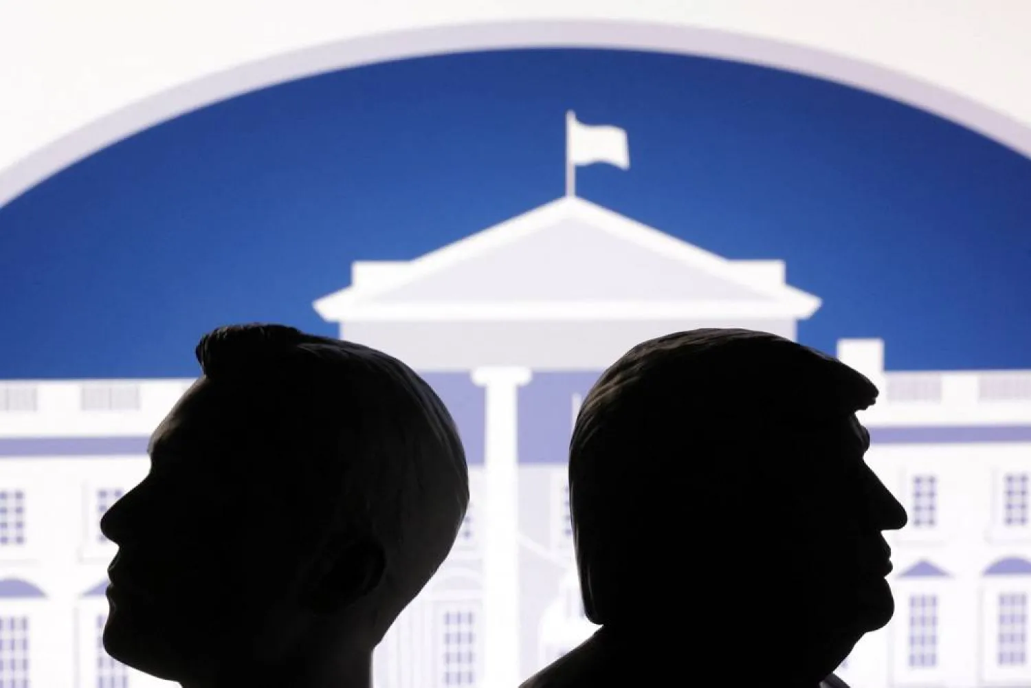  3D printed miniatures of US President Donald Trump and Elon Musk, and White House logo are seen in this illustration taken July 1, 2025. (Reuters)