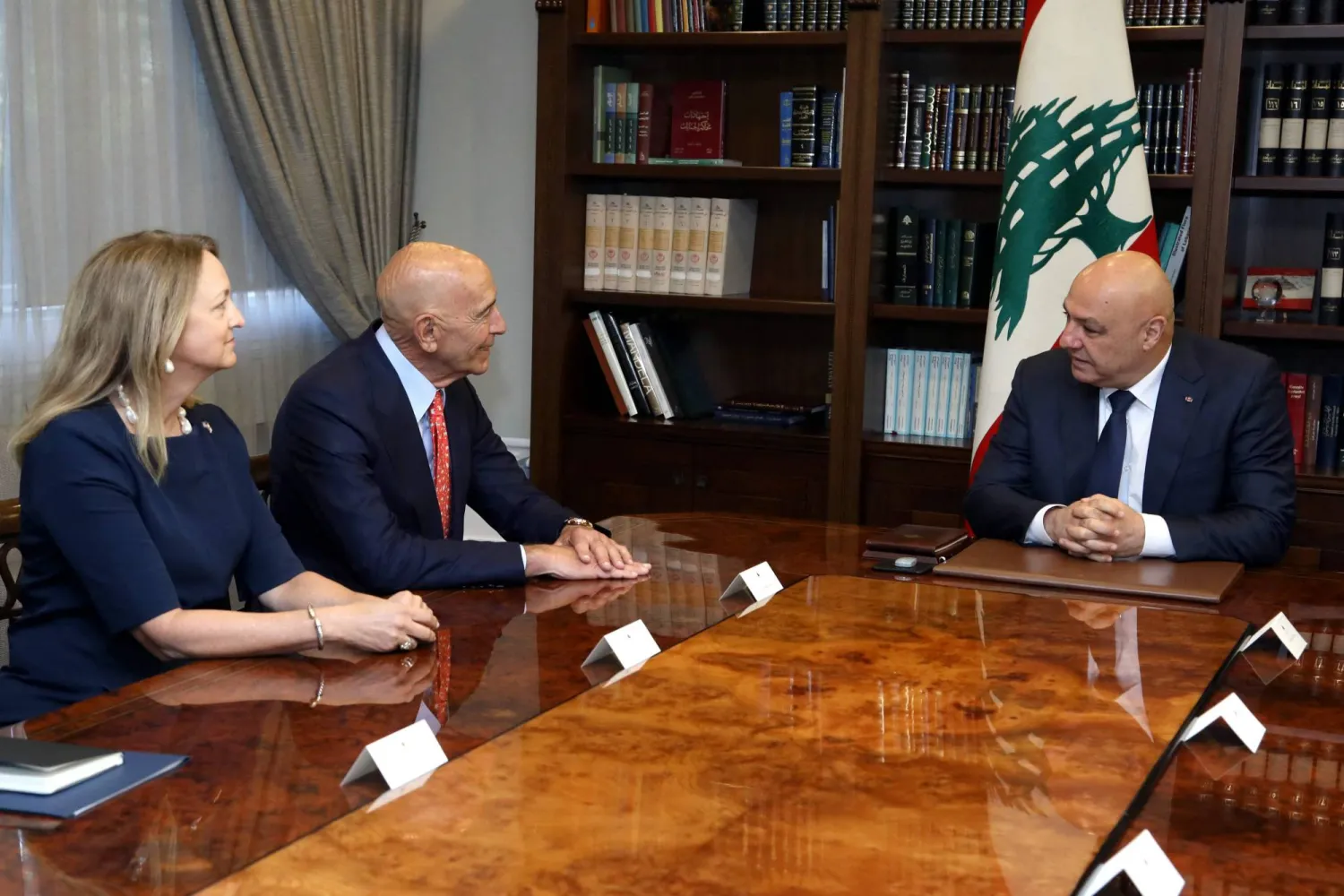 A handout photo released by the Lebanese Presidency press office on June 19, 2025 shows Lebanon's President Joseph Aoun (R) meeting with US negotiator Thomas Barrack at the presidential palace of Baabda east of Beirut. (Photo by Lebanese Presidency / AFP) 