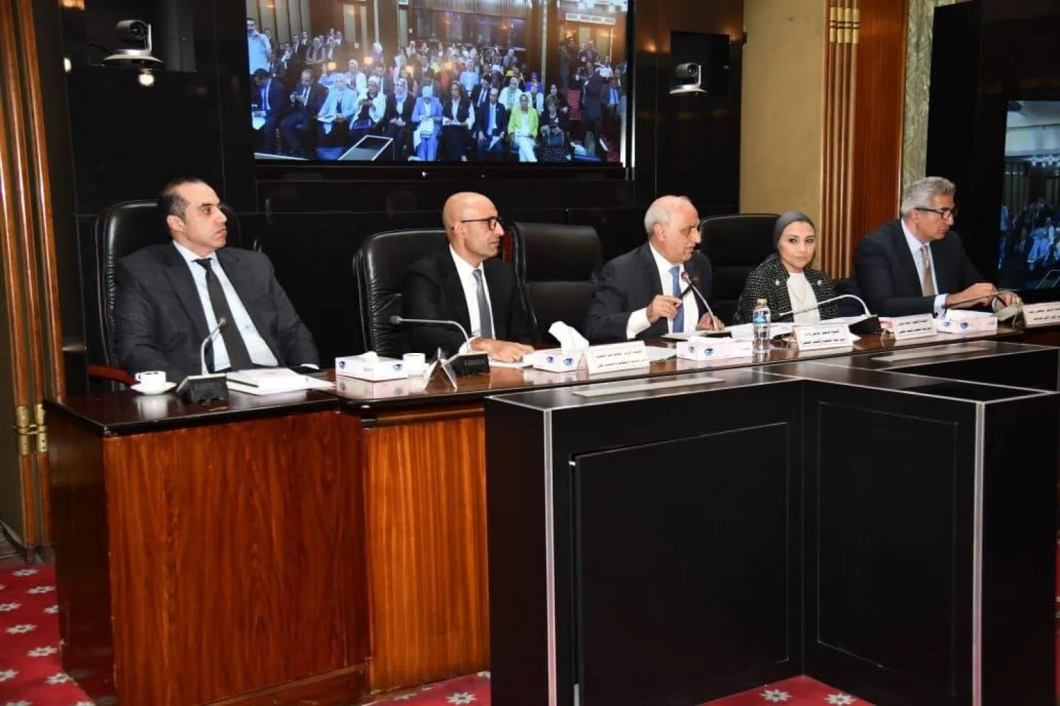 وزير الشؤون النيابية المصري إلى اليسار وبجانبه وزير التعليم خلال اجتماع لجنة برلمانية لمناقشة مشروع القانون الجديد (مجلس الوزراء)
