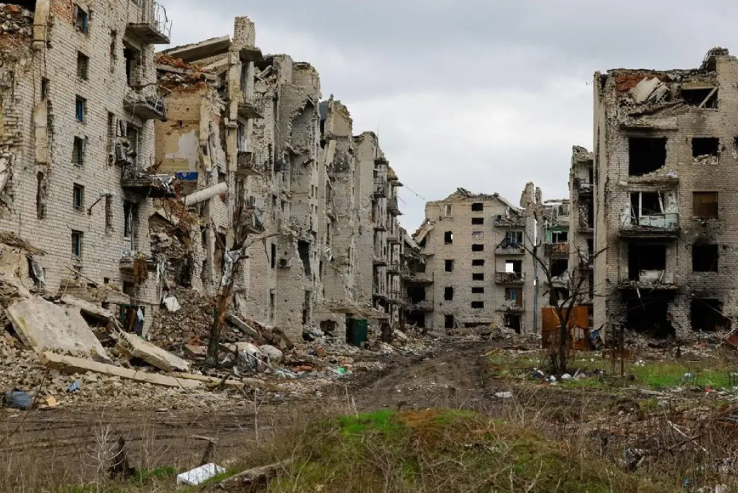 A view shows ruins of buildings in the abandoned town of Marinka (Maryinka), which was destroyed in the course of Russia-Ukraine conflict in the Donetsk region, a Russian-controlled area of Ukraine, April 1, 2025. (Reuters)
