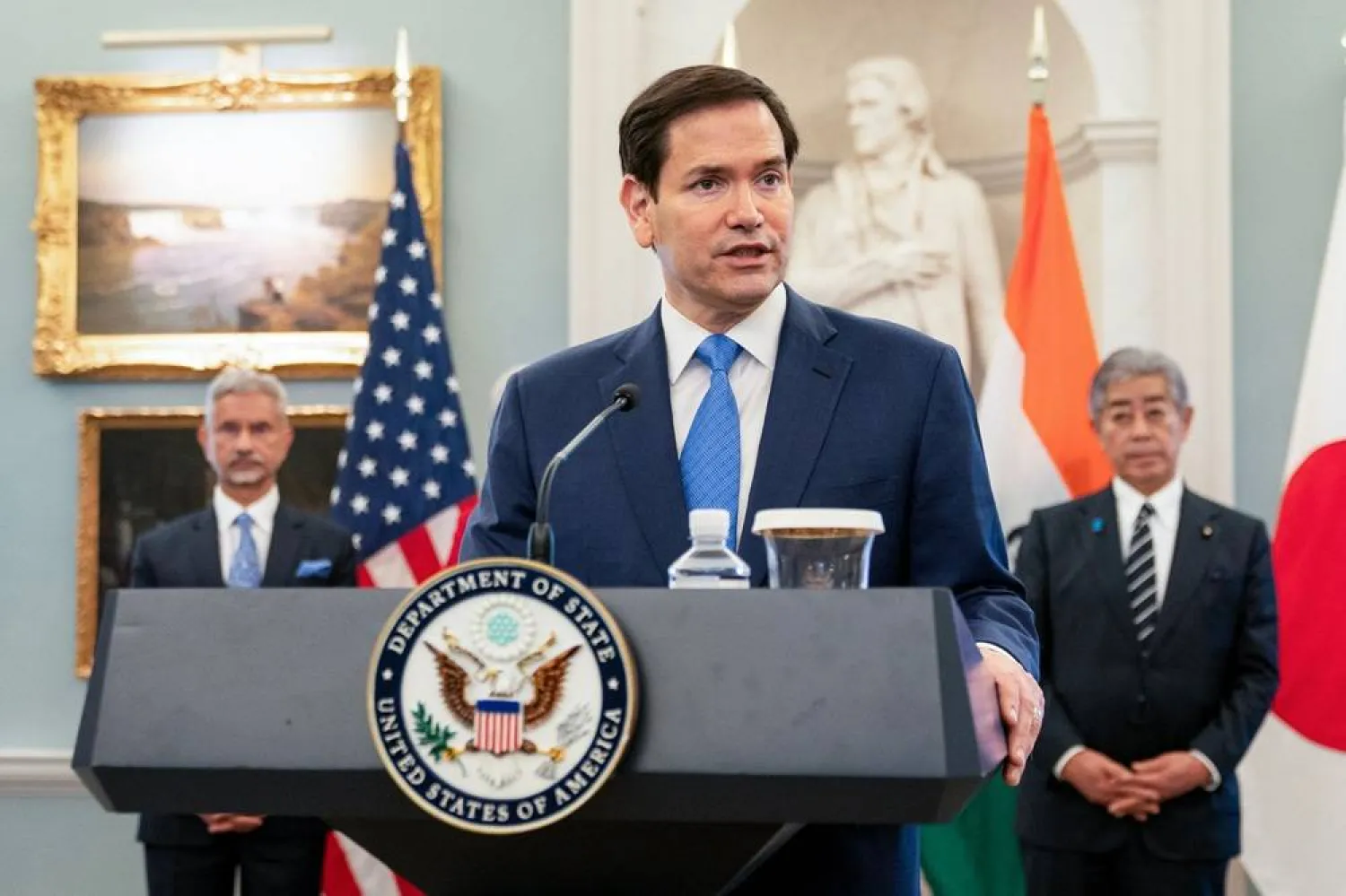  US Secretary of State Marco Rubio speaks at a press conference with the Indo-Pacific Quad alongside, Japanese Foreign Minister Takeshi Iwaya (R) and Indian External Affairs Minister Subrahmanyam Jaishankar (L) at the State Department in Washington, DC, on July 1, 2025. (AFP)
