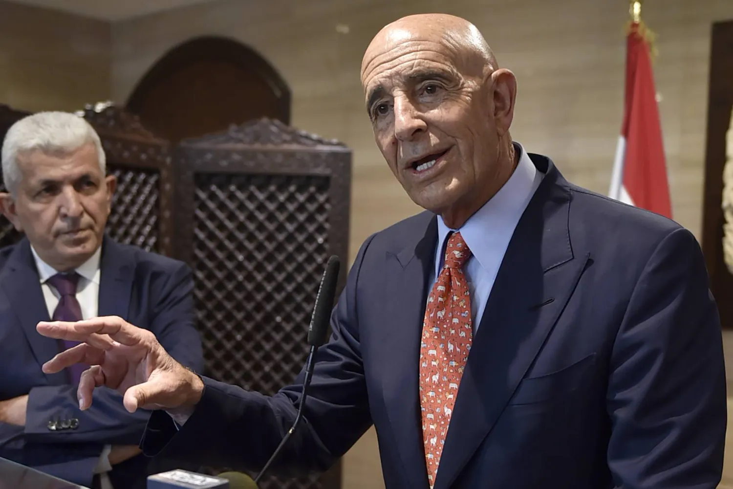 HANDOUT - 19 June 2025, Lebanon, Beirut: US Special Envoy to Syria Tom Barrack speaks during a press conference in Beirut. Photo: Hassan Ibrahim/Lebanese Parliament/dpa