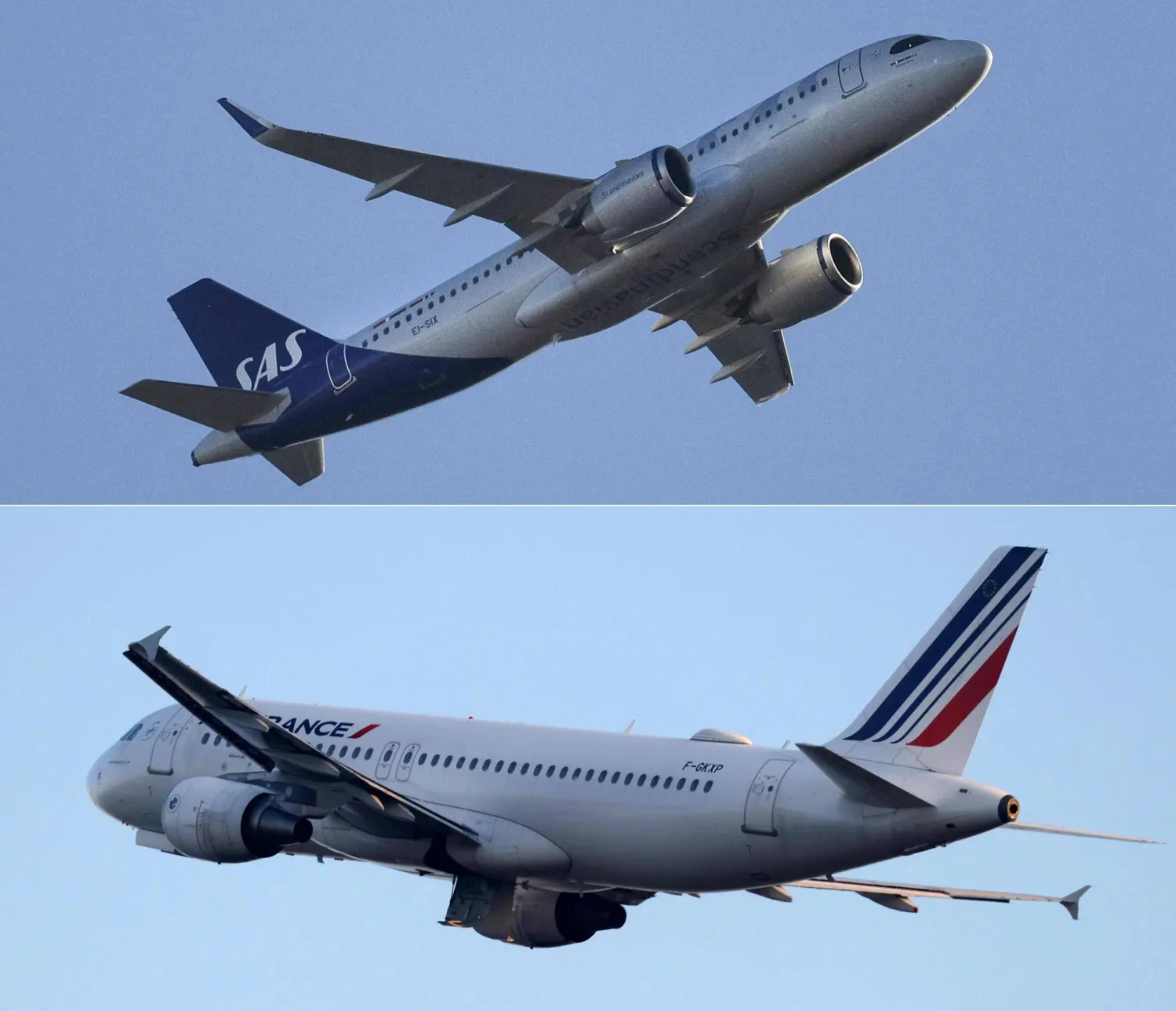 (COMBO) This combination of pictures created on July 04, 2025 shows a Scandinavian airline SAS plane flying over Heathrow airport on the outskirts of London on January 15, 2024 (top) and an Air France-KLM plane taking off from Tegel 'Otto Lilienthal' Airport in Berlin on November 8, 2020. (Photo by Adrian DENNIS and Odd ANDERSEN / AFP)