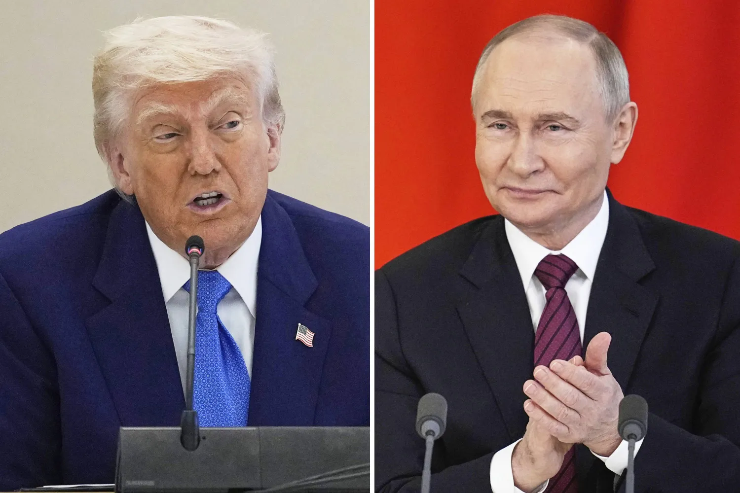 FILE - This combination photo shows US President Donald Trump in a business roundtable in Abu Dhabi, United Arab Emirates, May 16, 2025, left, and Russian President Vladimir Putin at a signing ceremony at the Kremlin in Moscow, May 10, 2025. (AP Photo, Files)