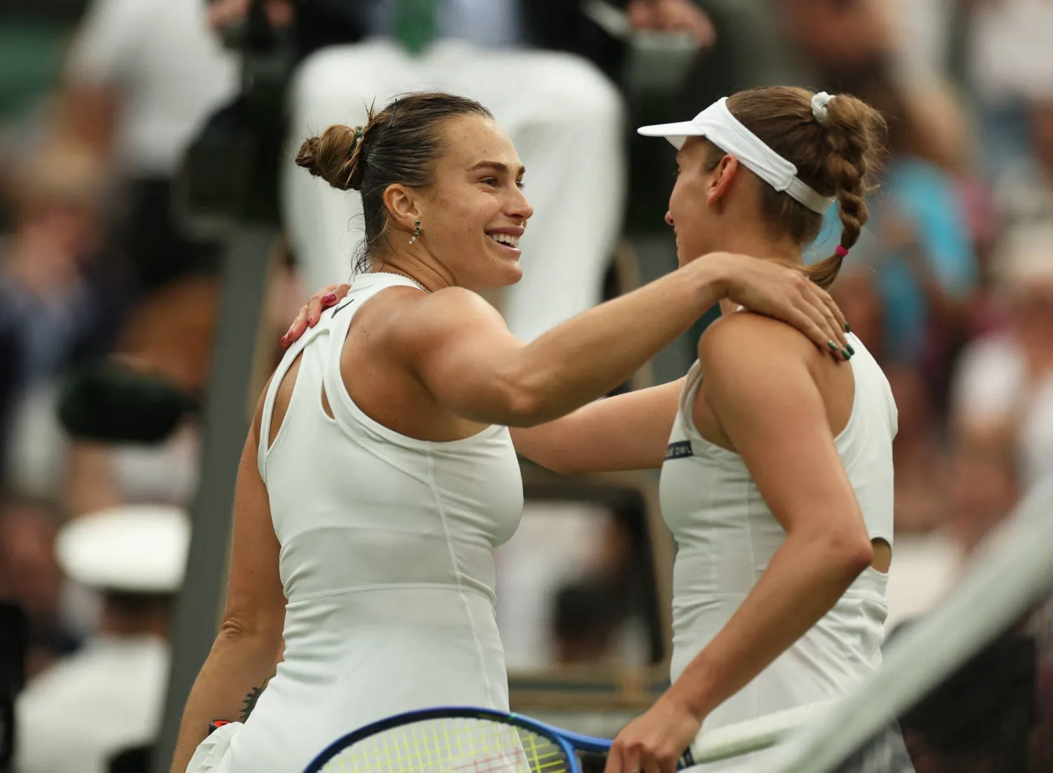 Tennis - Wimbledon - All England Lawn Tennis and Croquet Club, London, Britain - July 6, 2025 Belarus' Aryna Sabalenka celebrates after winning her round of 16 match against Belgium's Elise Mertens REUTERS/Isabel Infantes