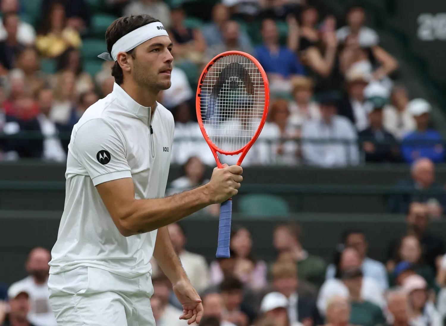 Tennis - Wimbledon - All England Lawn Tennis and Croquet Club, London, Britain - July 6, 2025 Taylor Fritz of the US reacts during his round of 16 match against Australia's Jordan Thompson REUTERS/Toby Melville